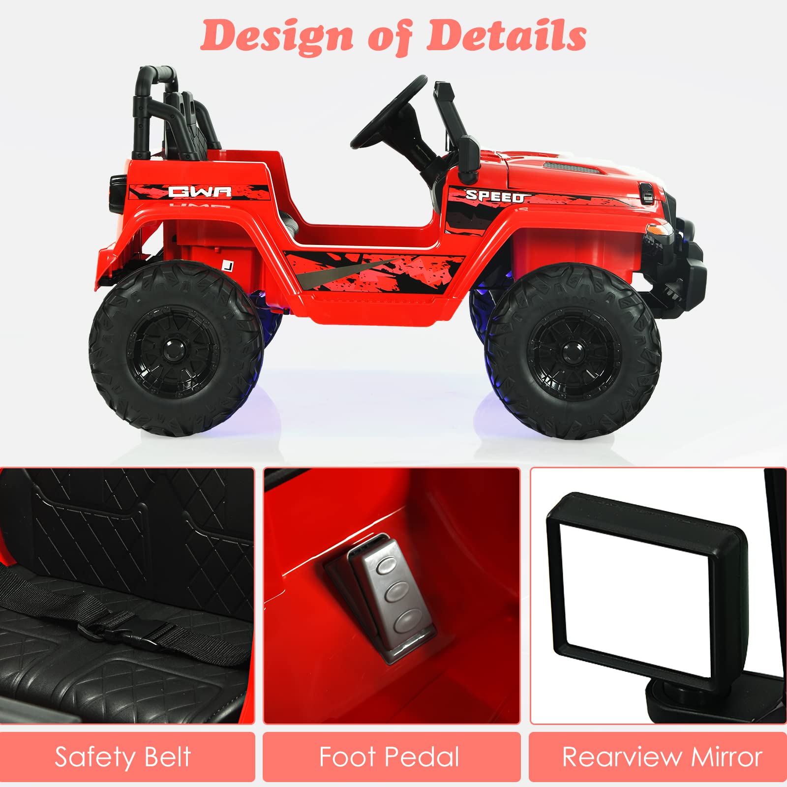 OLAKIDS 12V Electric Ride On Truck for Kids - Remote Control Battery Powered Toddler Car with Music, Horn, 3 Speed Settings, LED Lights & Bluetooth - Perfect for Indoor & Outdoor Play (Red)