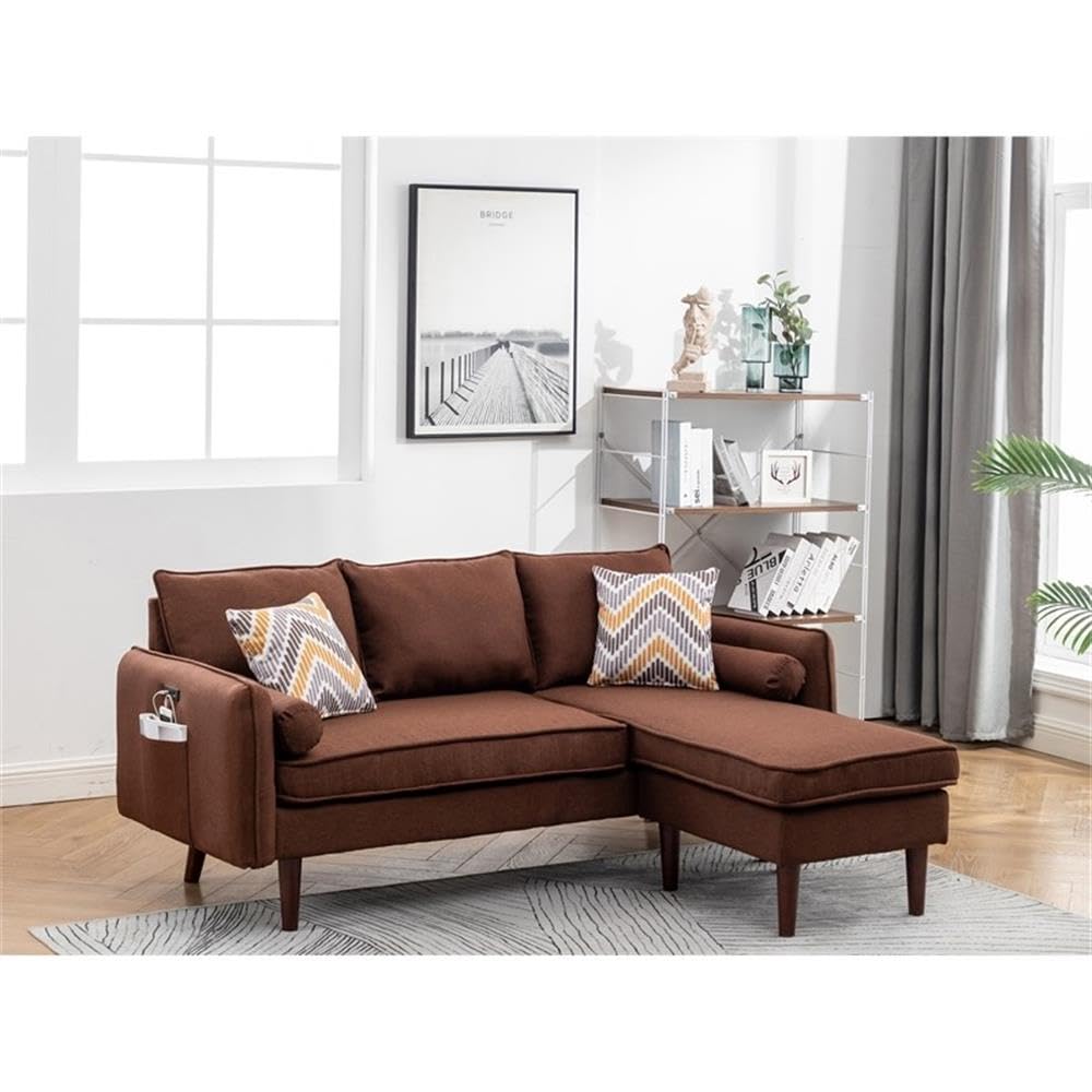 Lilola Home Mia Brown Sectional Sofa Chaise with USB Charger & Pillows - Modern L-Shaped Couch for Living Room, Family Room & Small Spaces - Perfect for Relaxing, Entertaining & Charging Devices