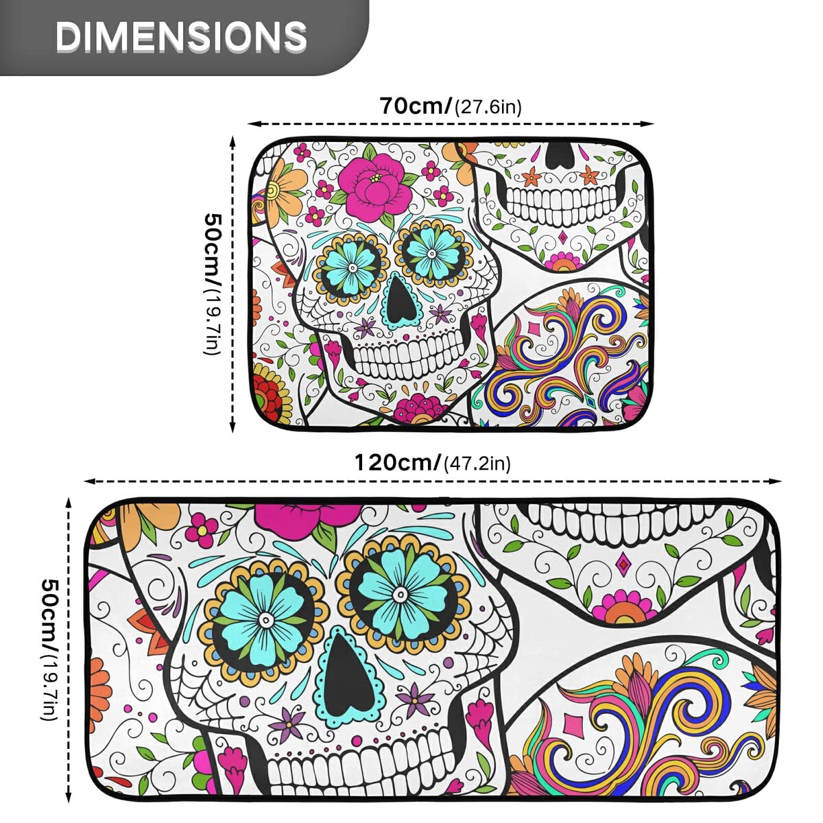 Day of the Dead Sugar Skulls Kitchen Rugs Set - 2 Piece Non-Slip Washable Runner Mats for Kitchen Floor, Home Decor, Laundry Room | Durable & Stylish for Halloween, Mexican Theme Parties & Cultural Home Decor