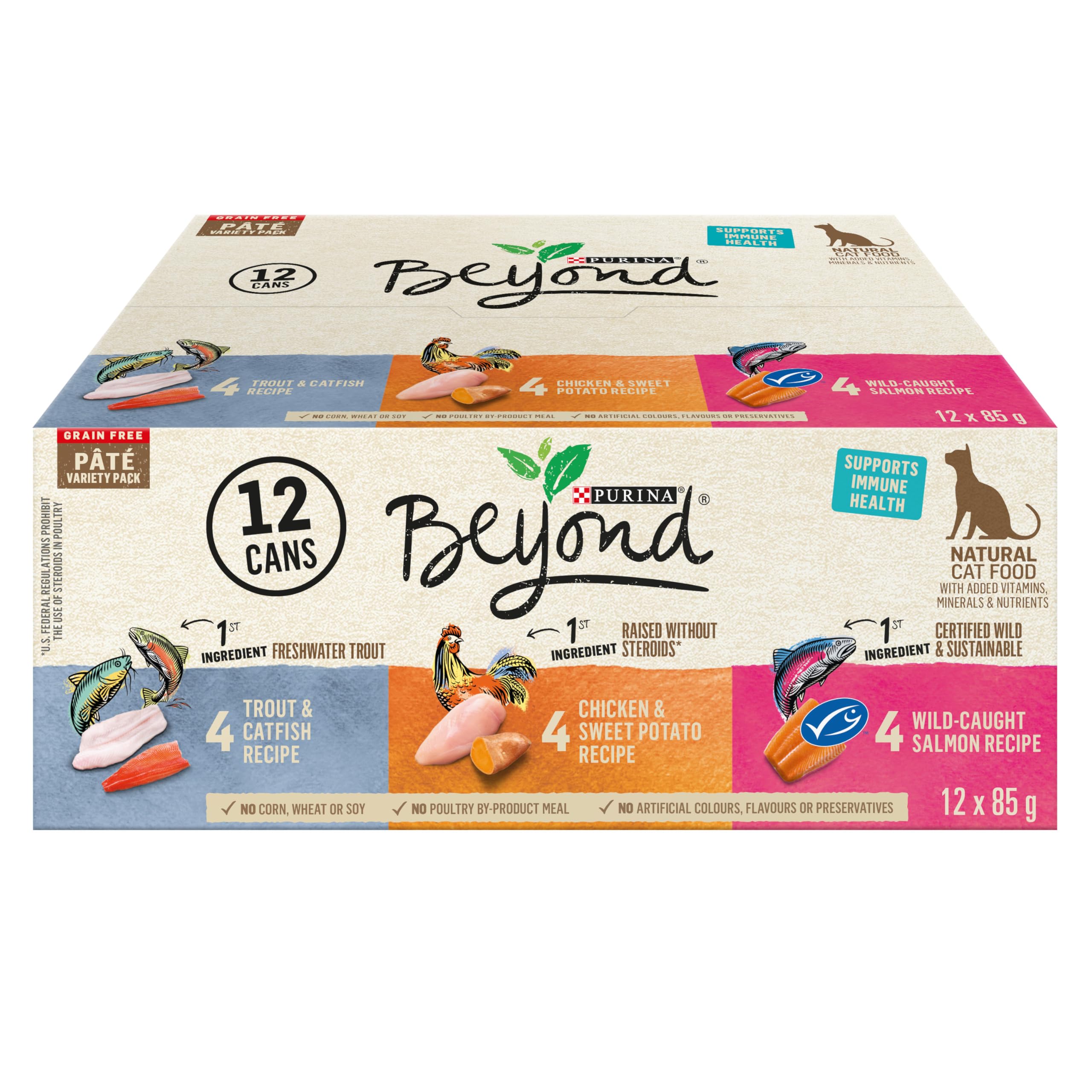 Beyond Grain Free Natural Wet Cat Food Pate Variety Pack - 3 Flavors (Chicken, Turkey, Salmon) 85g Cans (12 Pack) for Adult Cats - High Protein, Healthy Meal for Indoor & Outdoor Cats - Perfect for Picky Eaters & Sensitive Stomachs