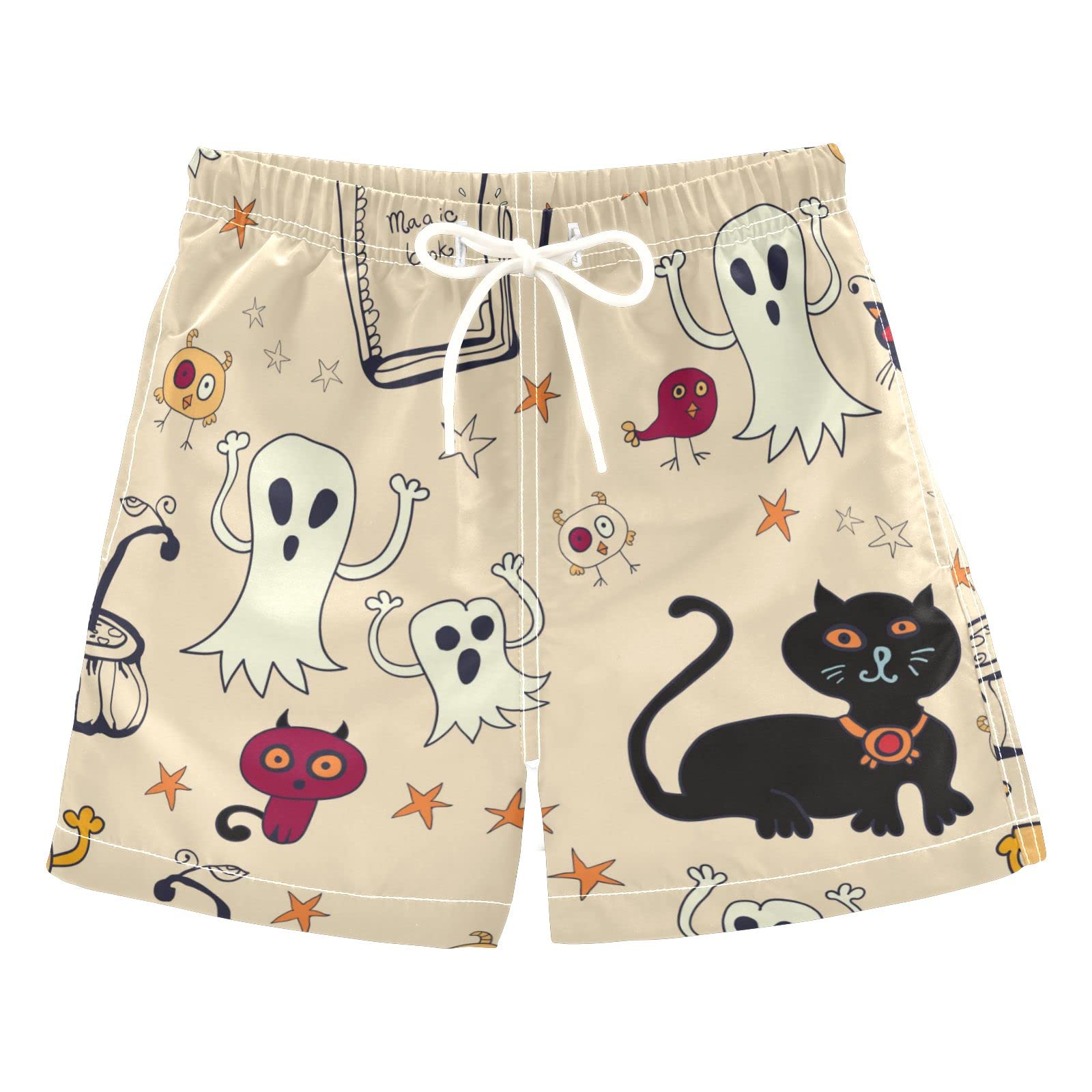 Boys Halloween Cat Ghost Print Swim Trunks - Quick Dry Board Shorts for Beach, Surf & Swimming | Essential Hawaii Vacation Swimwear for Kids