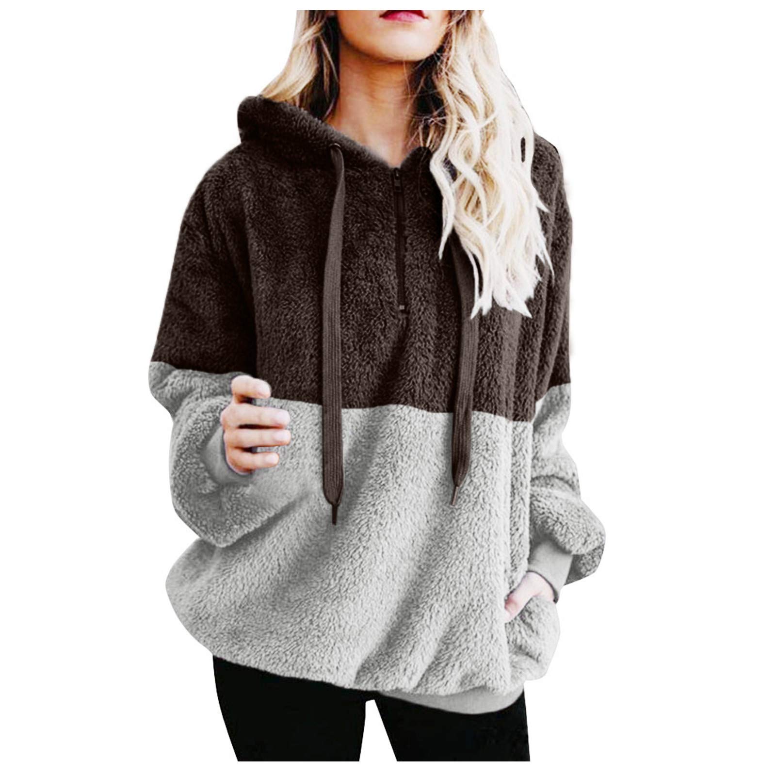 Women's Oversized Color Block Sherpa Hoodie - Soft Fleece Zipper Sweatshirt with Drawstring & Pockets | Cozy Winter Wear for Casual Outings & Lounging