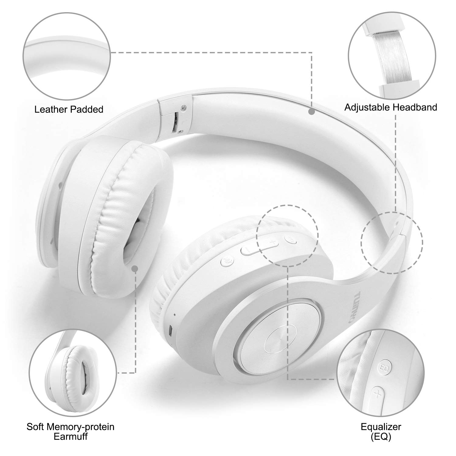 TUINYO Wireless Bluetooth Headphones Over Ear with Deep Bass, 40H Playtime, Soft Memory-Protein Earmuffs, Built-in Mic for PC/Phone/TV - White | Perfect for Workouts, Commuting & Home Entertainment