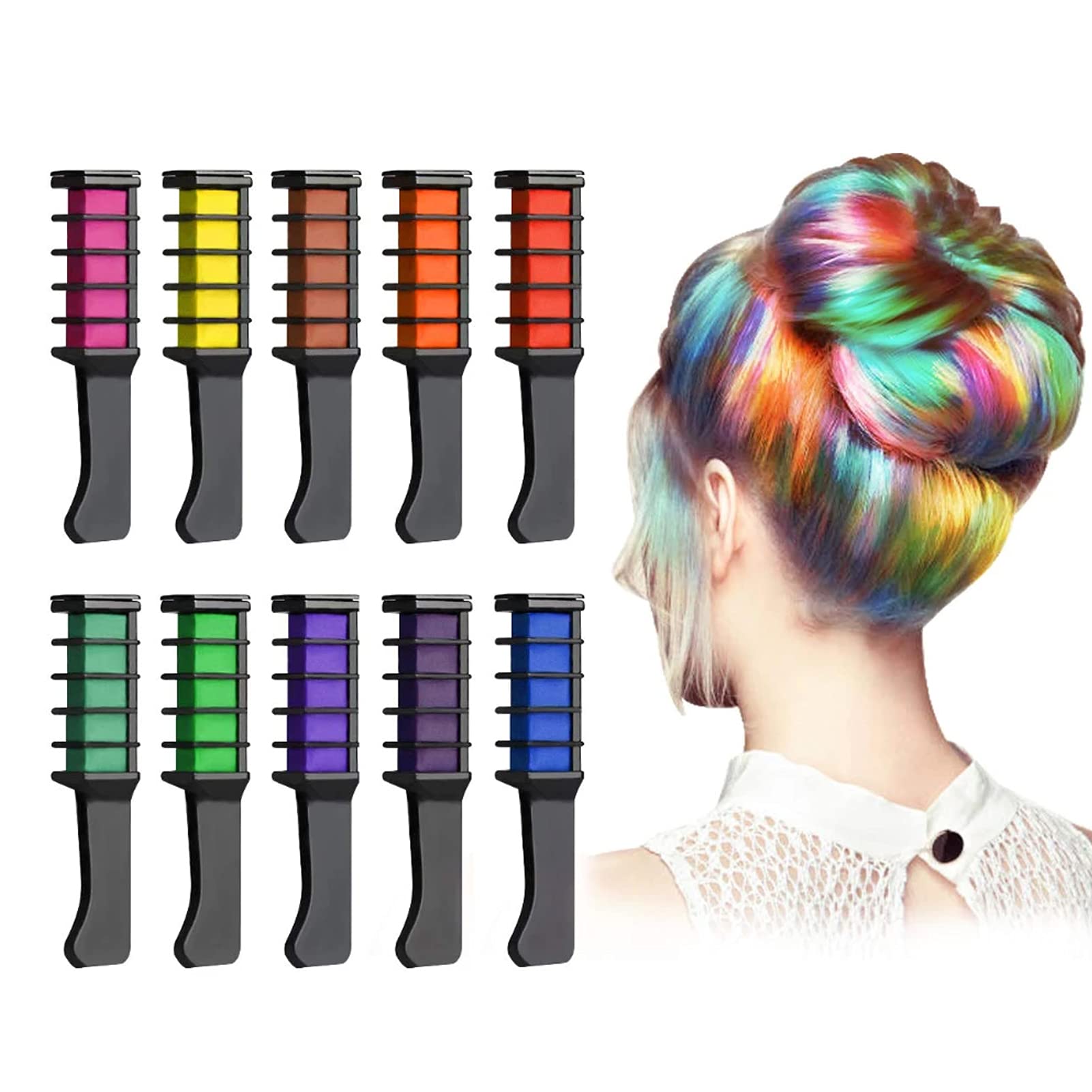Washable Non-Toxic Temporary Hair Color Chalk Comb Set - 10 Pcs Bright Hair Dye Crayons for Salon, Parties & Costumes | Perfect for Halloween, Cosplay & Festive Events