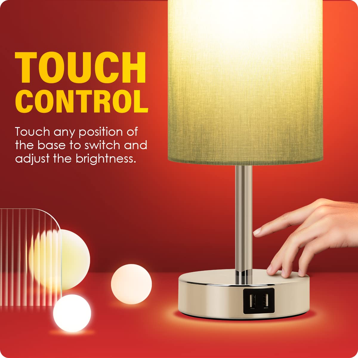 Yarra-Decor Modern Bedside Lamp with USB Charging Port - 3-Way Dimmable Touch Control Nightstand Lamp with Round Denim Fabric Shade, LED Bulb Included for Bedroom, Living Room, Dorm & Home Office - Perfect for Reading, Working & Creating Cozy Ambiance