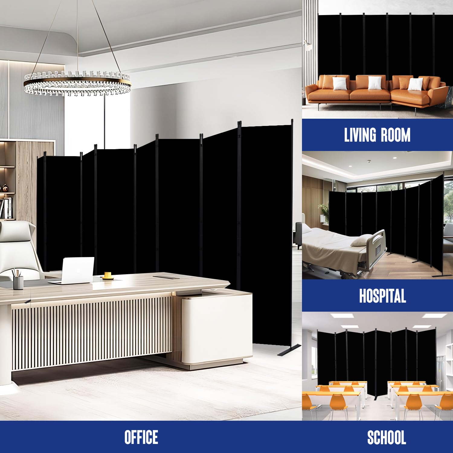 8-Panel Folding Room Divider Privacy Screen - 14.67 Ft Wide Portable Partition for Office, Bedroom, Studio & School - Black Space Separator for Home Decor, Events & Temporary Walls