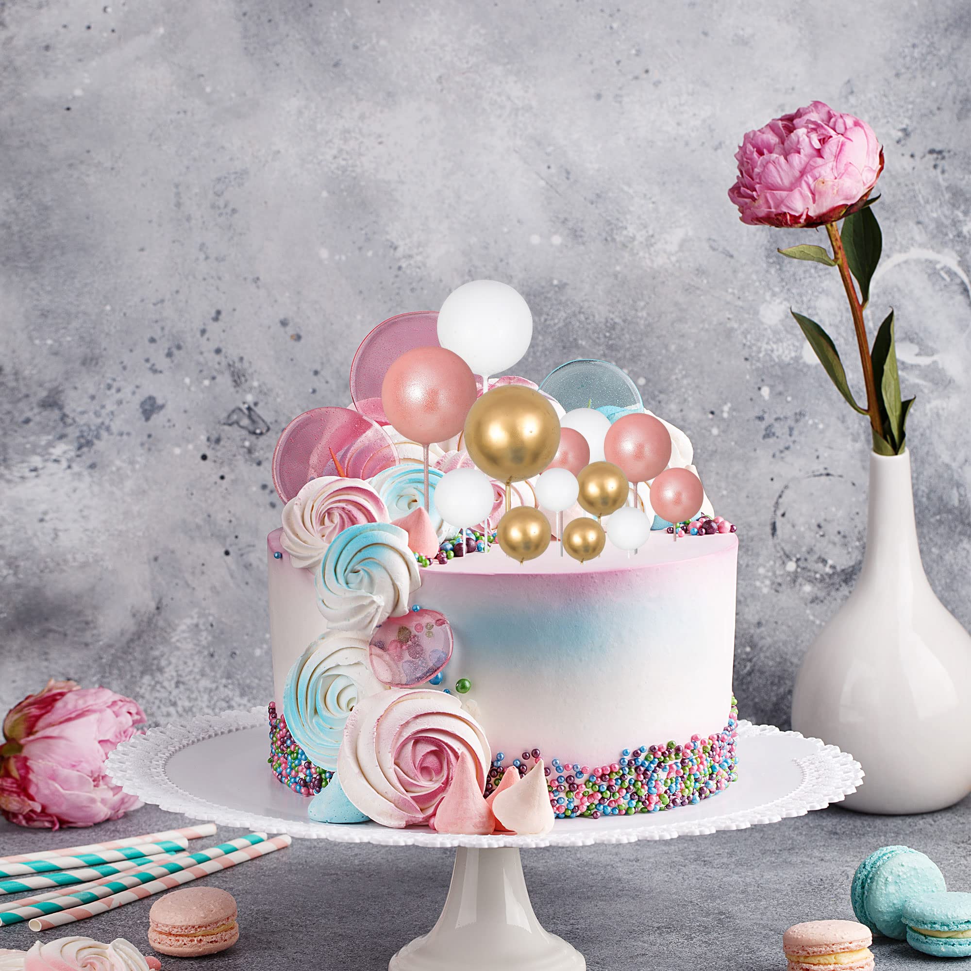 30Pcs Mini Balloon Cake Toppers - Rose Gold & White Gold Foam Ball Cake Decorations for Birthday Party, Baby Shower, Wedding & Anniversary Celebrations - Perfect for DIY Dessert Decor and Special Event Centerpieces