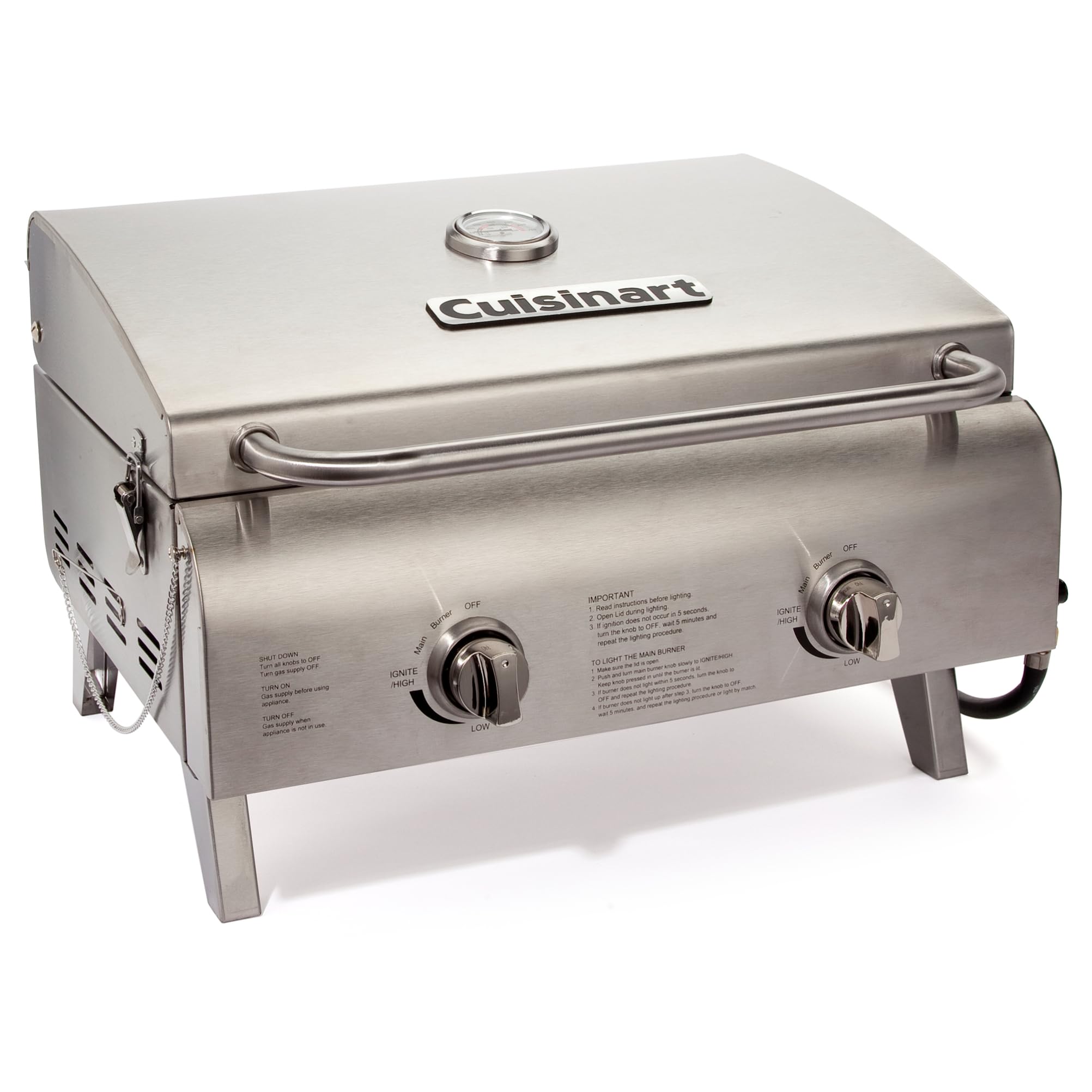 Cuisinart Chef's Style Portable Propane Gas Grill - 20,000 BTU Dual Burner Stainless Steel Tabletop Grill for Outdoor Cooking, Camping, Tailgating, Backyard BBQ & Picnics | Perfect for Small Spaces & On-the-Go Grilling