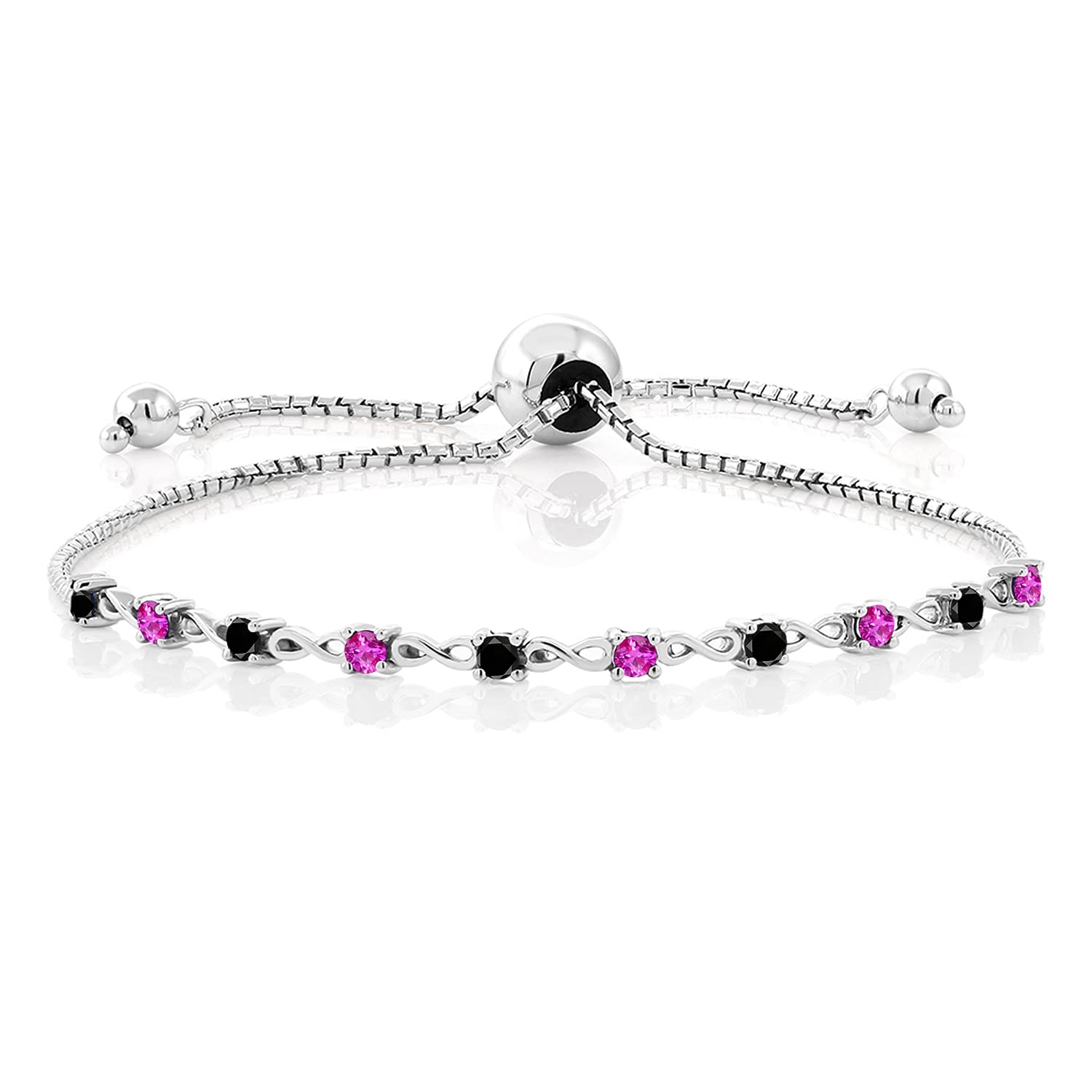 0.58 Ct Round Black Diamond & Pink Sapphire Sterling Silver Bracelet for Women | Elegant 925 Silver Jewelry Gift for Anniversary, Birthday & Special Occasions