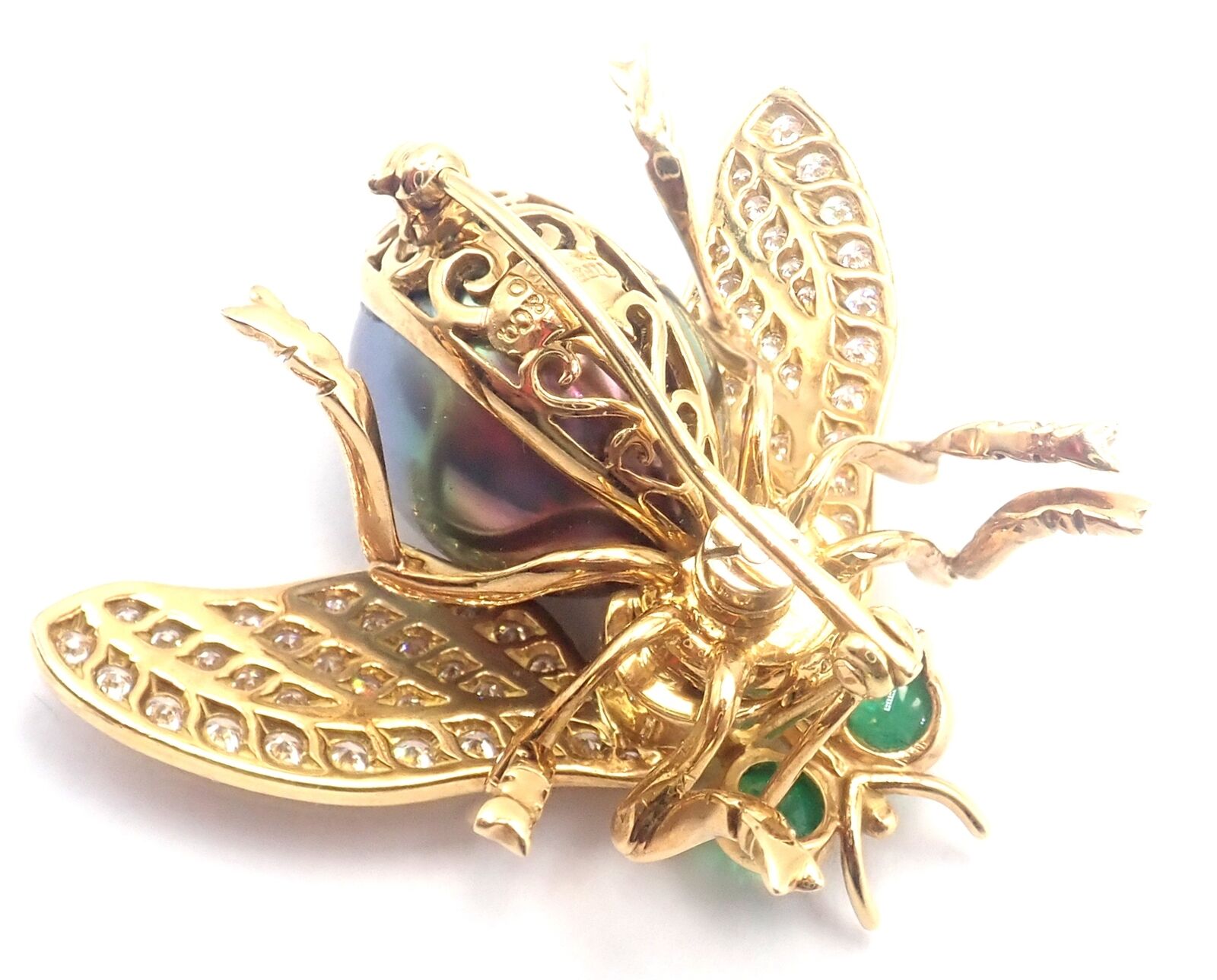 Tiffany & Co 18k Gold Diamond Tahitian Pearl Tanzanite Emerald Fly Pin Brooch - Luxury Jewelry for Women, Perfect for Weddings, Parties & Special Occasions
