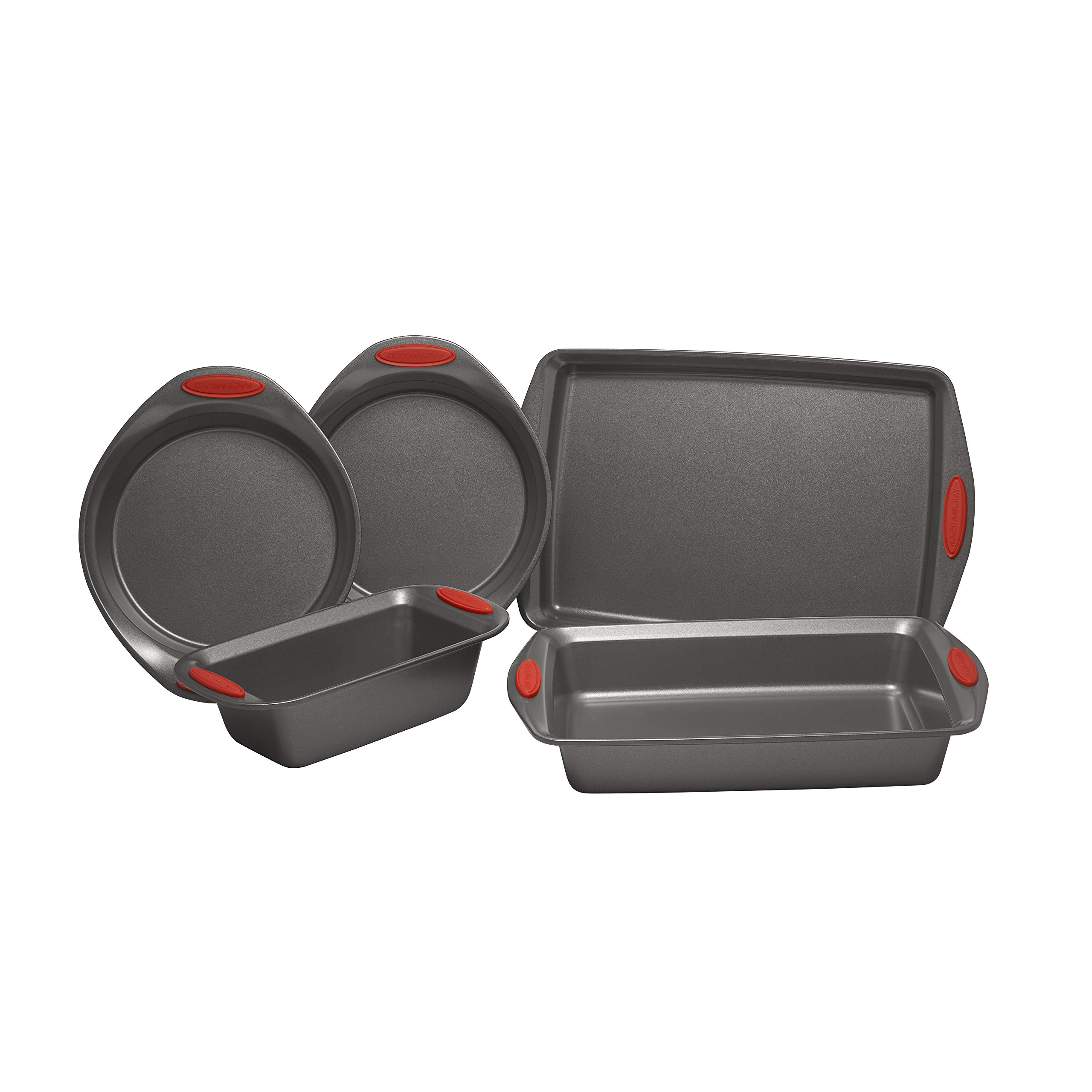 Rachael Ray 12-Piece Nonstick Cookware & Bakeware Set - Gray & Red Grips, Includes Bread Pan, Baking Pan, Cake Pans & Cookie Sheet - Perfect for Baking, Cooking & Entertaining at Home