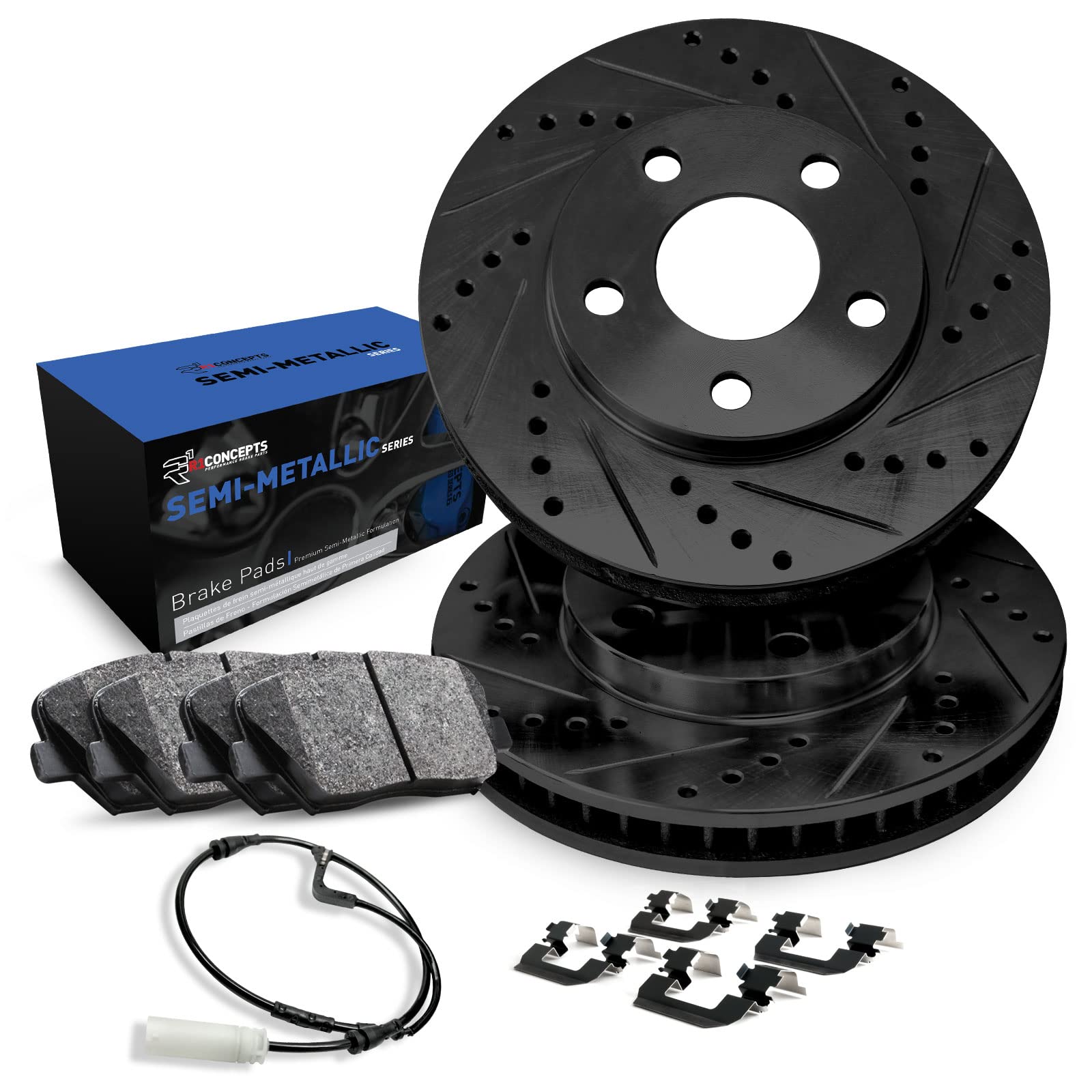 R1 Concepts Front Brake Pads and Rotors Kit - Premium OEp Brake Pads, Drilled & Slotted Rotors with Hardware & Sensor Kit (1BC.63030.53) | Perfect for Daily Commuting, Performance Driving & Truck/SUV Upgrades