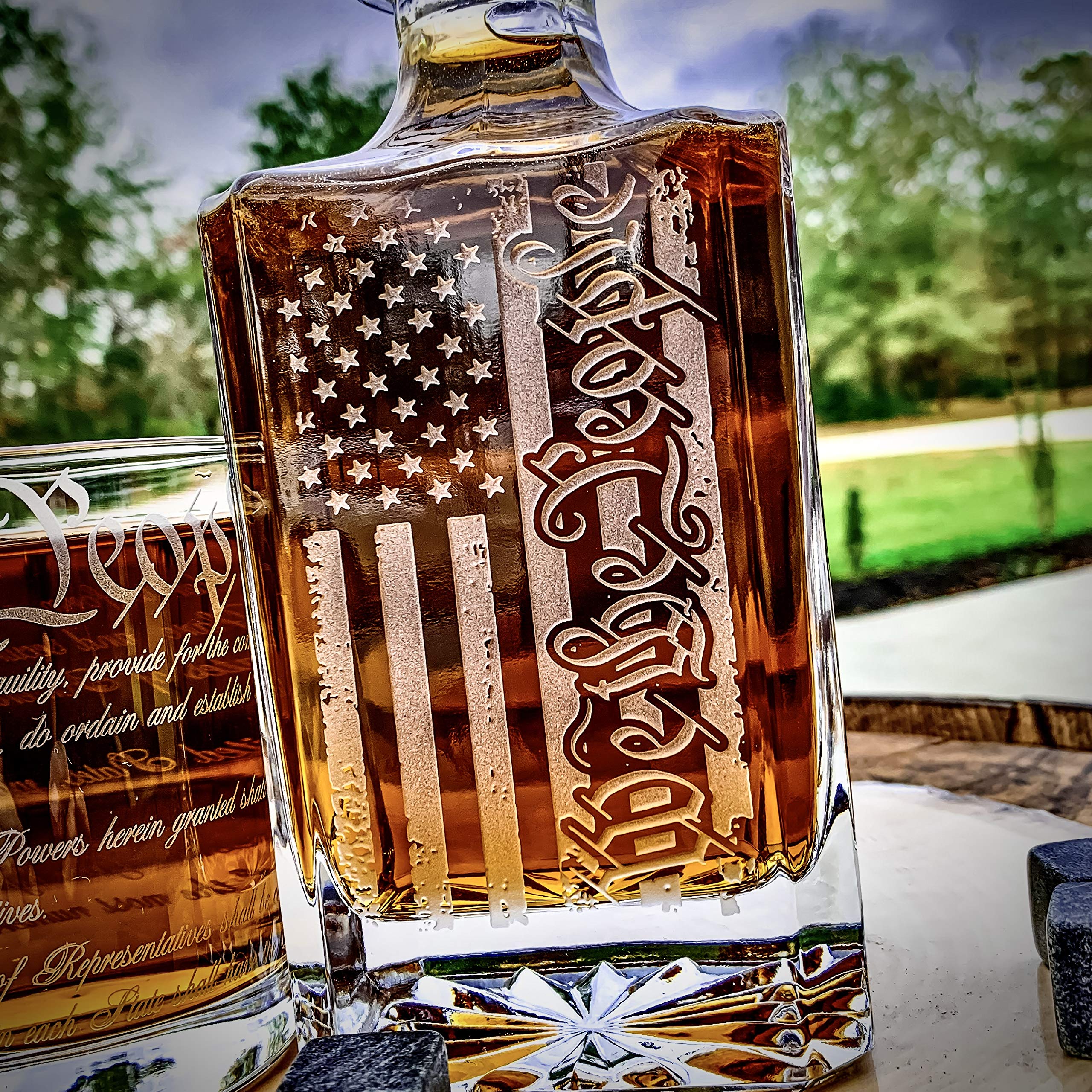 We The People American Flag Engraved 750ml Whiskey Decanter Set with 360 US Constitution Glasses (3pc) - Premium Handcrafted Barware Made in USA - Perfect Father's Day Gift for Whiskey Lovers & Patriotic Home Decor
