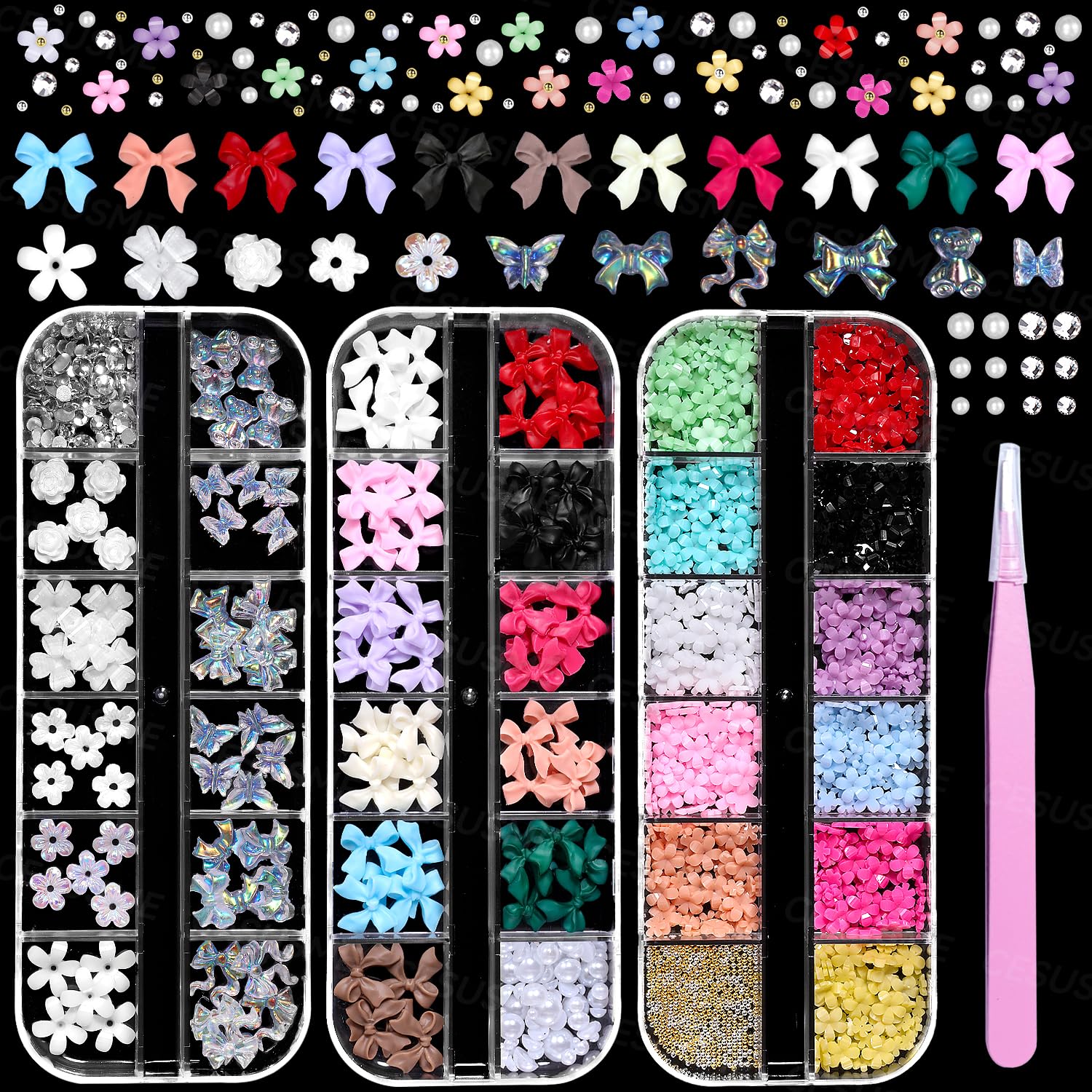 3D Color Flowers Nail Bows Charms - 3 Boxes White Rose Flower & Polar Butterfly Bowknt Bear Nail Art Charms for DIY Nail Art, Manicure, Acrylic Nails, Gel Polish, and Wedding Bridal Nail Jewelry Supplies