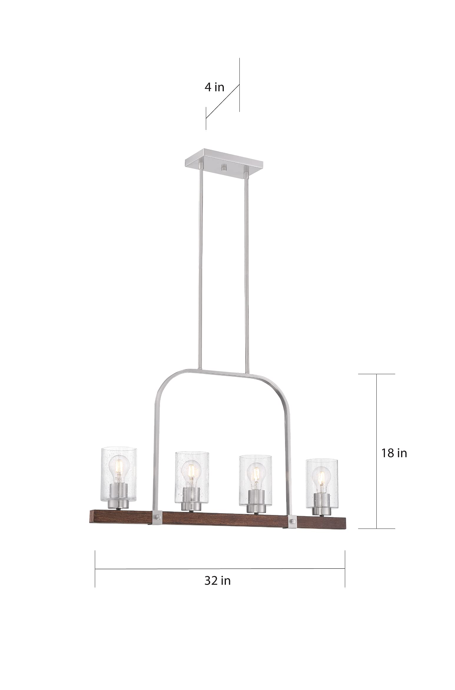 NUVO 60/6967 Arabel Island 4-Light Pendant Light Fixture - Brushed Nickel & Nutmeg Wood Finish with Clear Seeded Glass - Perfect for Kitchen Island, Dining Room, or Entryway Lighting
