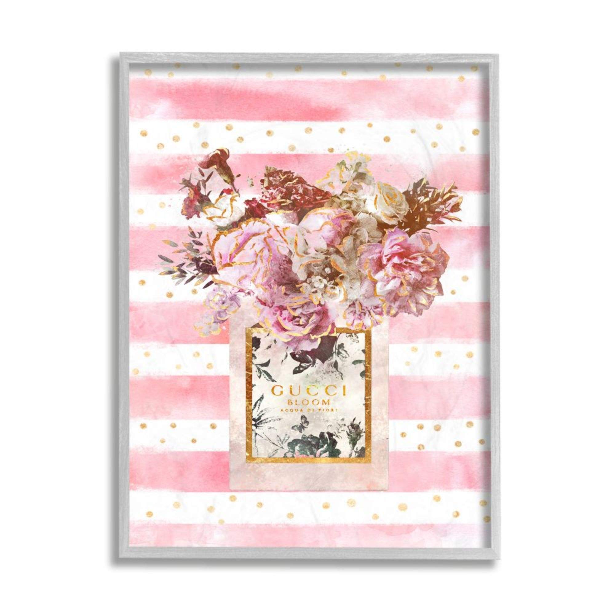 Stupell Industries Floral Vase Wall Art - Pink Flowers & Stripe Pattern by Ziwei Li in Grey Frame, 11