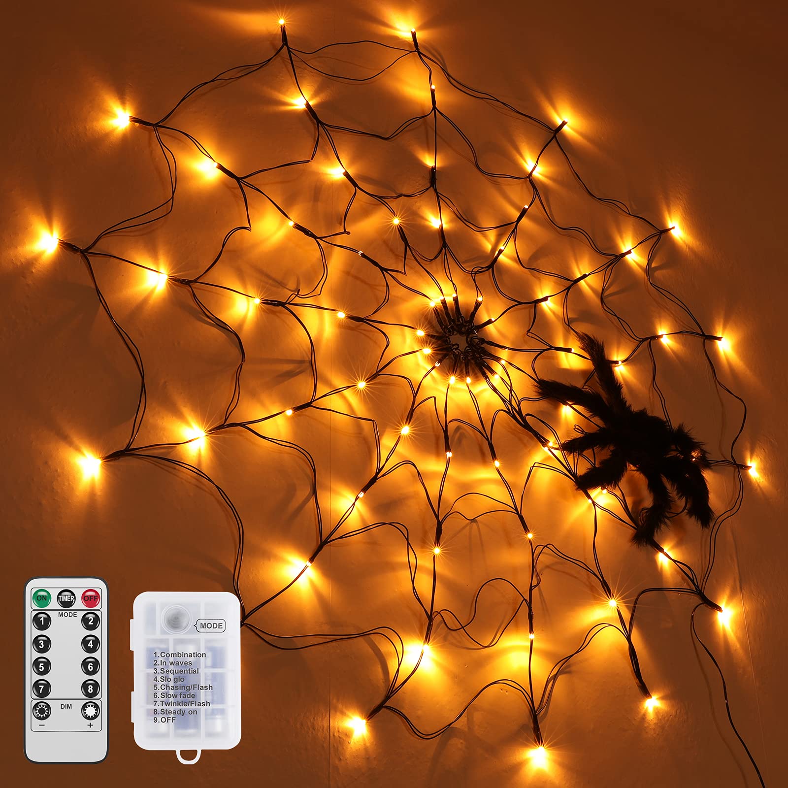 SHYOSUCCE 3.25FT Halloween LED Spider Web Lights - 70pcs Orange String Lights with Plush Black Spider & Remote Control | Outdoor Party Decor for Yard, Haunted House, Bar, and Halloween Night