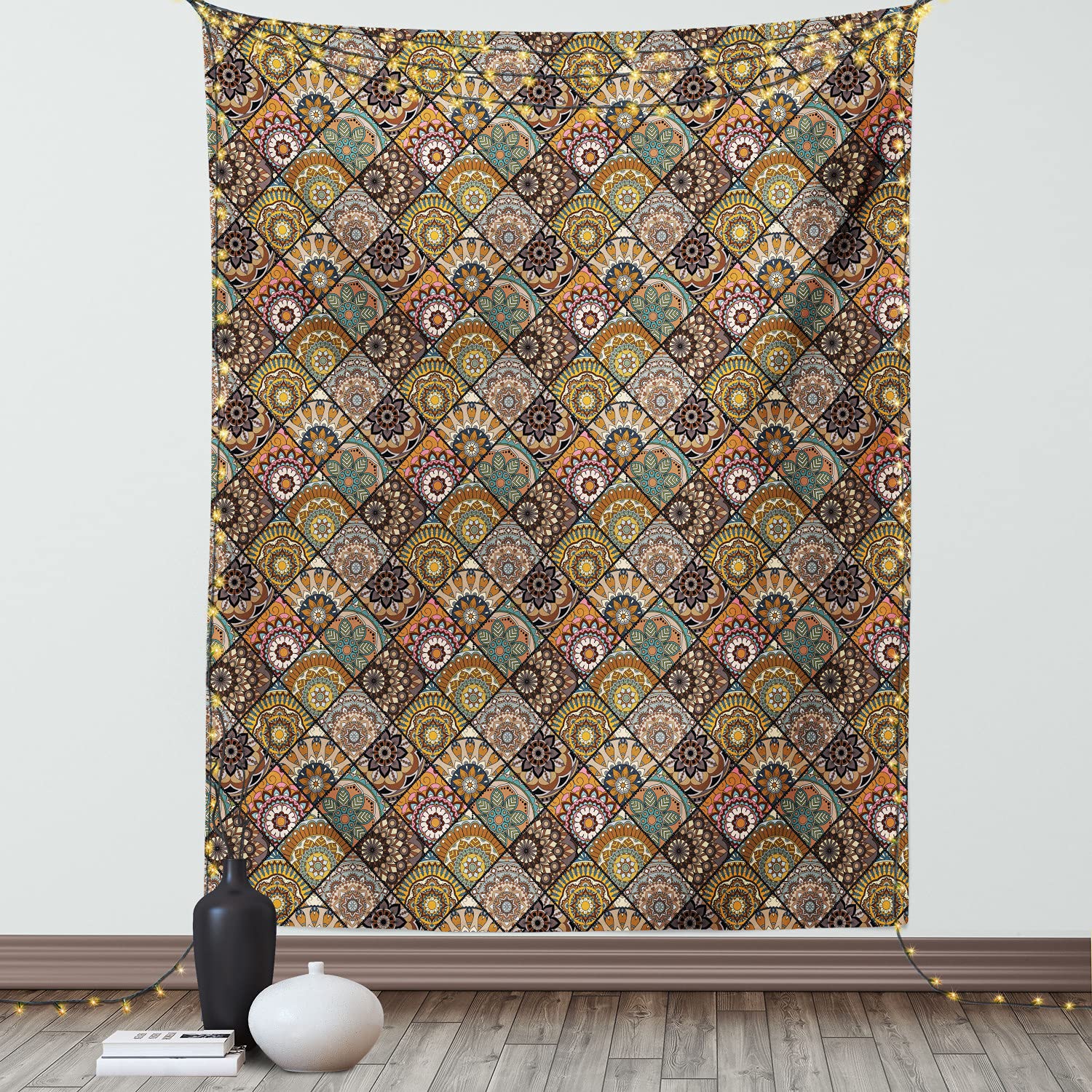 Ambesonne Moroccan Tapestry Wall Hanging - Vintage Mandala Checkered Design with Mexican Ornaments, 40