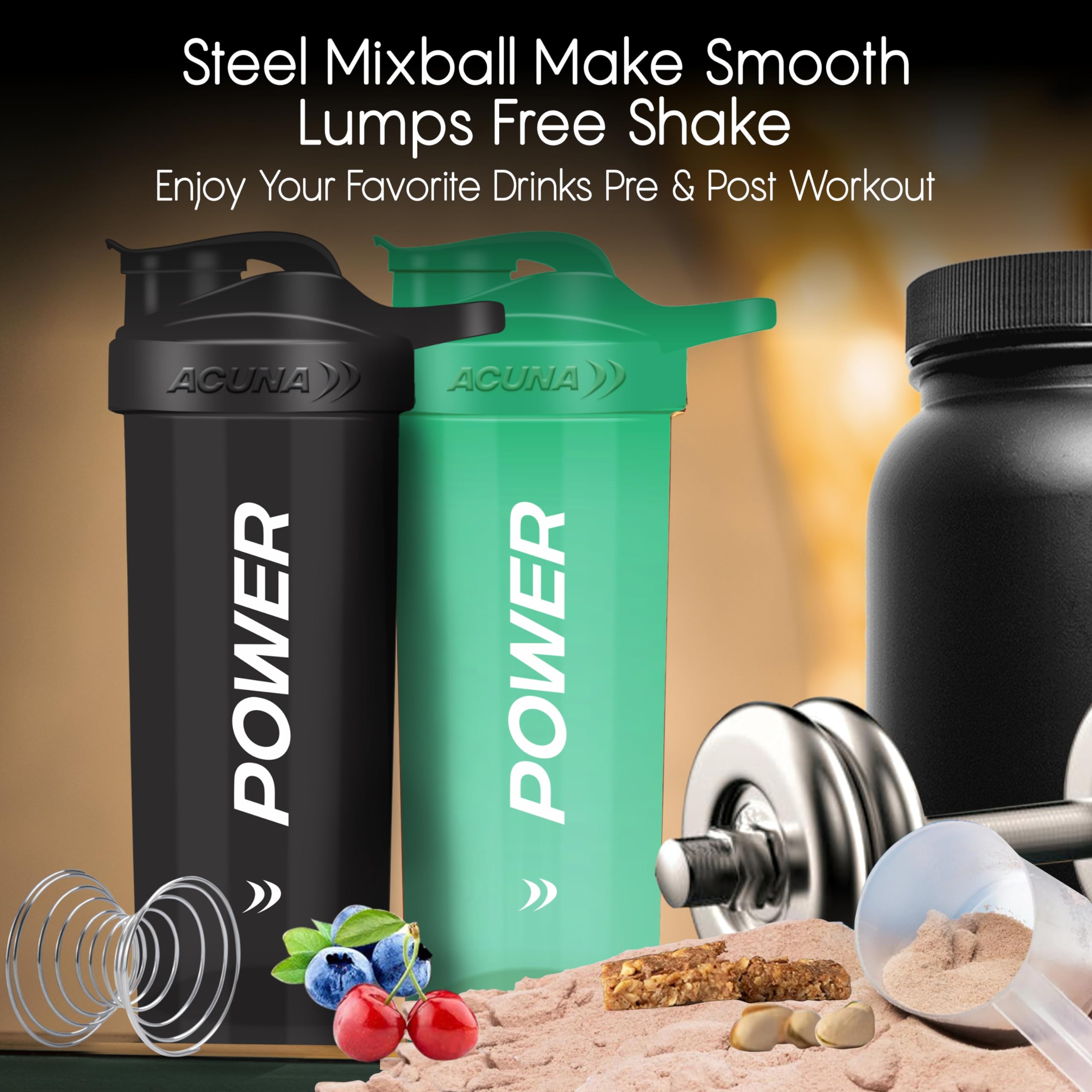 ACUNA POWER 700ml Protein Shaker Bottle - BPA Free, Leak Proof, Secure Screw Cap - Ideal for Gym, Workout & Sports Nutrition (2 Pack, Black) - Perfect for Protein Powder, Pre-Workout & Meal Replacement Drinks