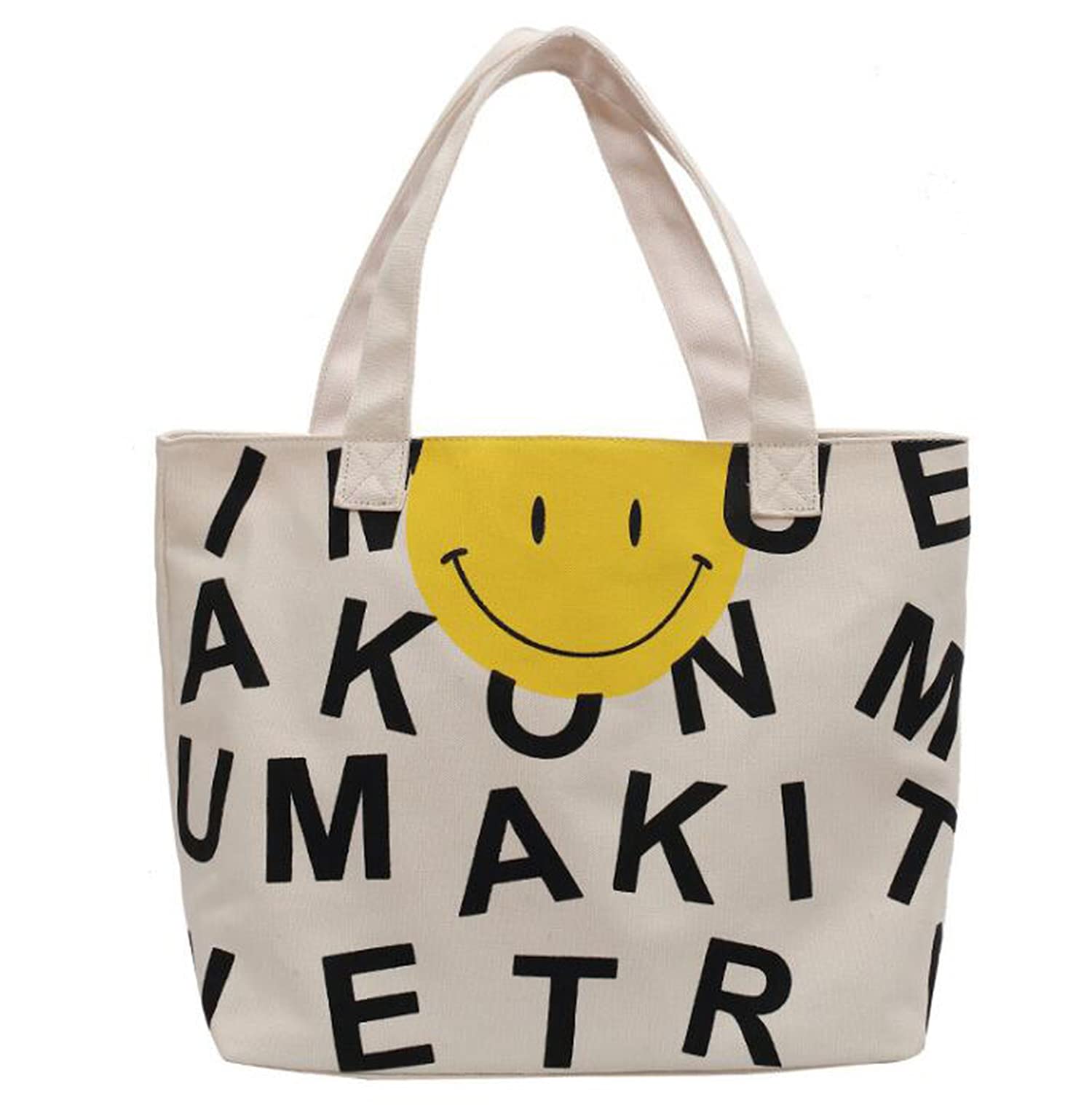 Large Canvas Tote Bag for Women - Spacious Single Shoulder Handbag with Alphabet Smile Face Design, Perfect for Beach, Shopping, Travel & Everyday Use