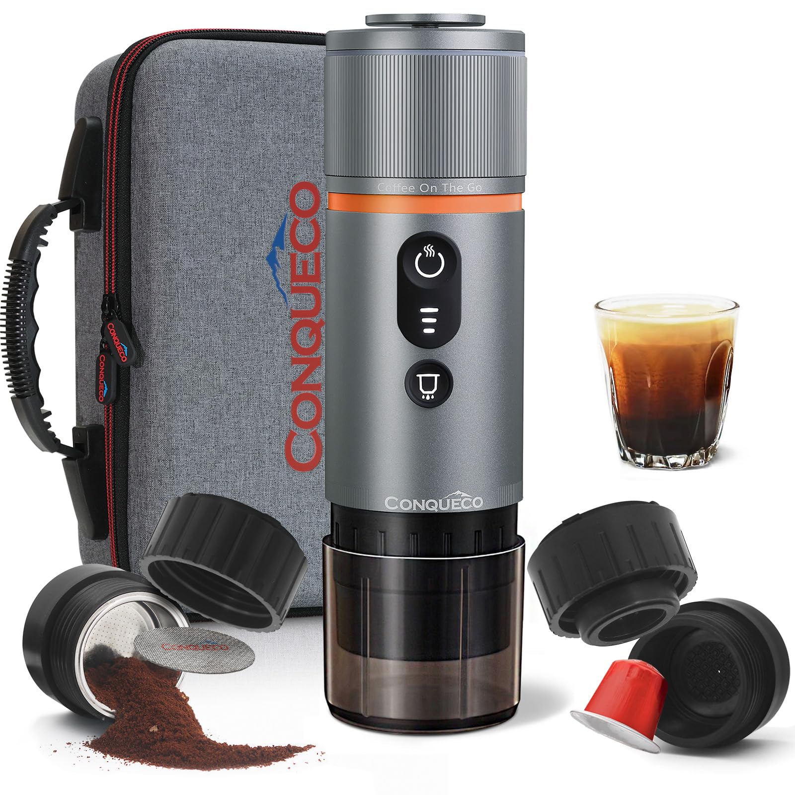 CONQUECO Portable Espresso Machine for Travel & Camping - 12V Car Coffee Maker with Rechargeable Battery - Fast 2.5 Min Heating - Compact Electric Espresso Maker with Ground Coffee & NS Capsule - Perfect for RV, Hiking, Office & Outdoor Adventures
