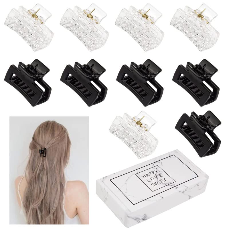 FAMEZA 6-Pack Small Matte Hair Claw Clips for Women & Girls - 1.5 Inch Mini Non-Slip Jaw Clips for Thin to Medium Thick Hair - Black & Clear Rectangle Hair Clips with Gift Box - Perfect for School, Work & Everyday Styling
