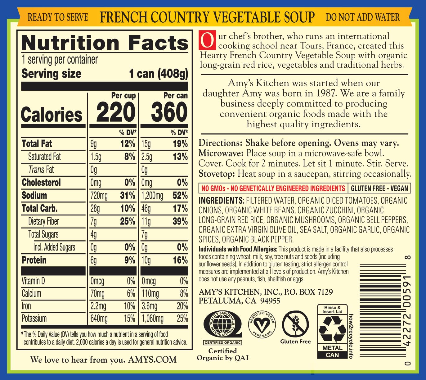Amy's Organic Vegan Hearty French Country Vegetable Soup - Gluten Free, Non-GMO, 14.4 Oz (12 Pack) | Made with Organic Rice, Vegetables & Herbs | Perfect for Quick Lunches, Camping & Emergency Food Storage