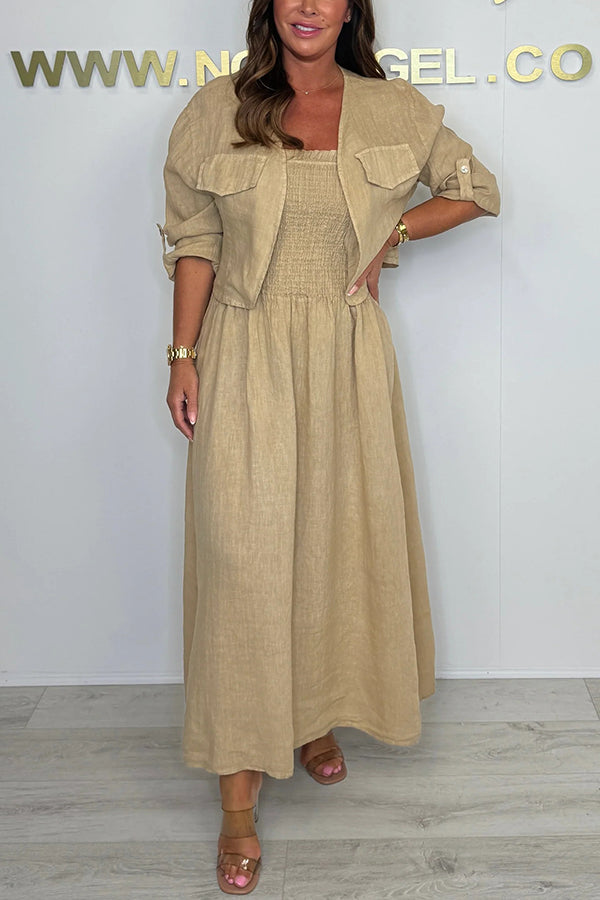 Stylish Solid Color Casual Short Jacket with Suspenders & Pleated Maxi Dress Set for Women | Perfect for Spring Outfits, Date Nights & Office Wear