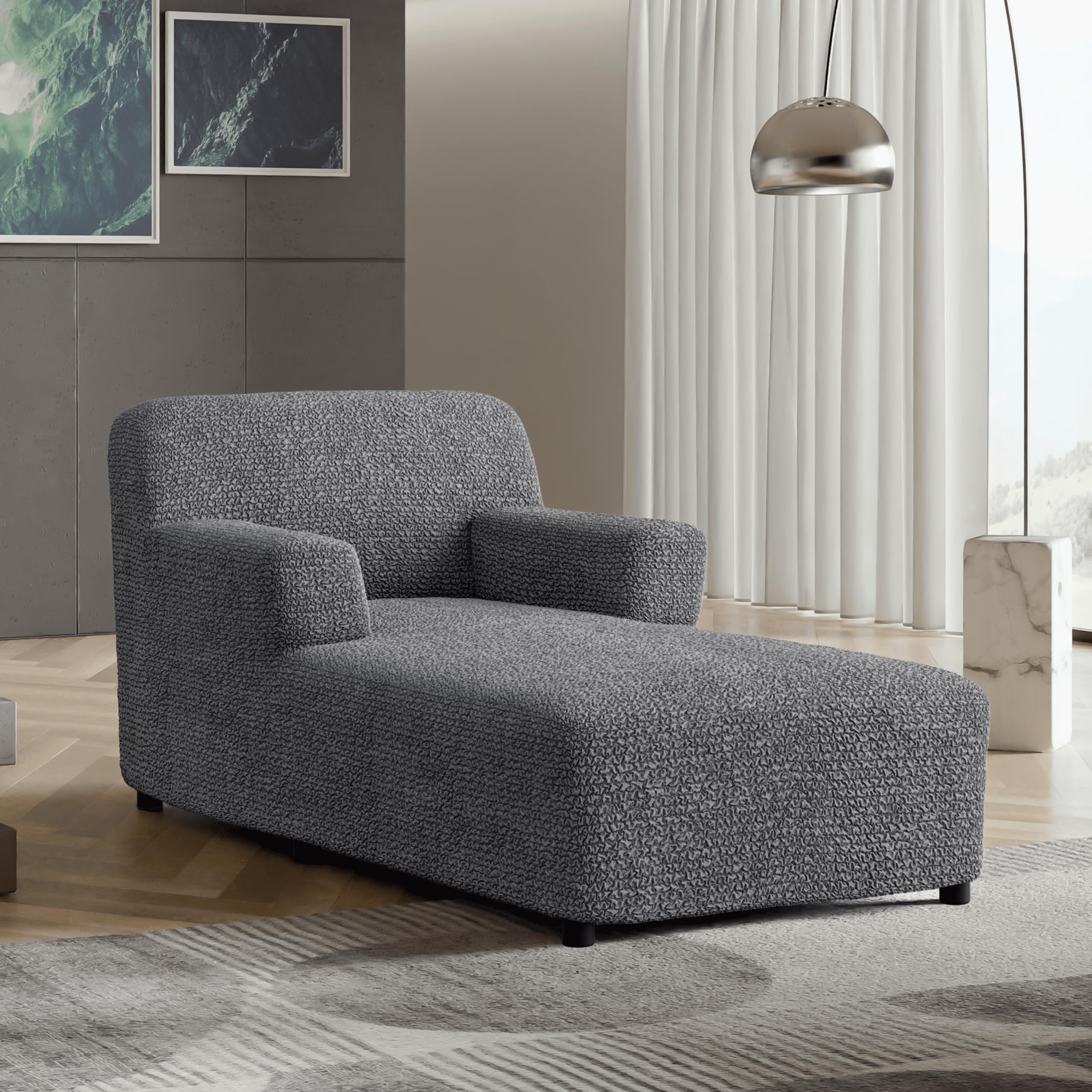 PAULATO BY GA.I.CO. Chaise Lounge Cover - Stretchable Microfiber Slipcover for Sofa & Chair - 1-Piece Form Fit Furniture Protector - Dark Grey - Perfect for Living Room, Patio & Outdoor Use