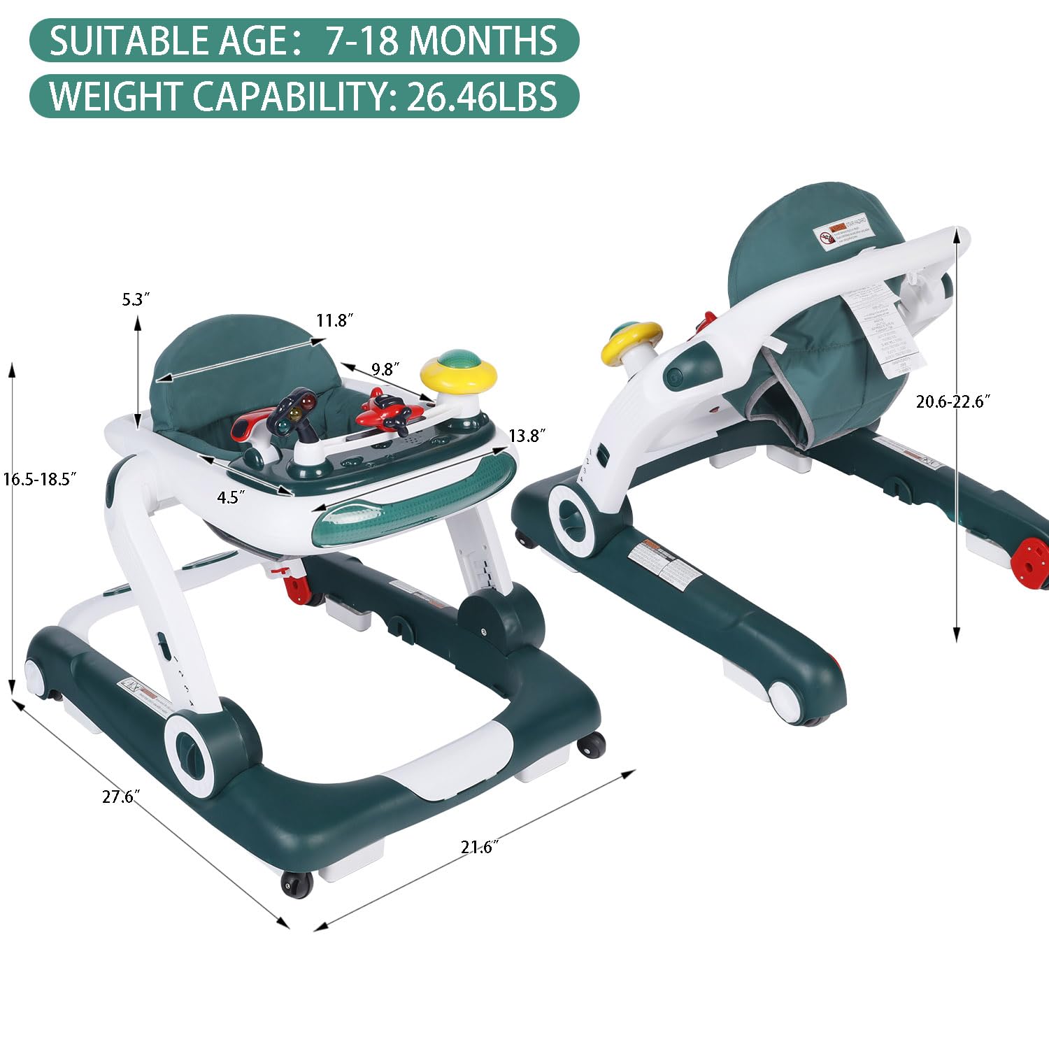 Kinder King 5-in-1 Baby Walker with Music & Lights - Adjustable Height Activity Walker for Toddlers, Anti-Rollover Safety Bumper, Learning-Seated & Walk-Behind Modes - Perfect for Indoor Play & Early Walking Development (Green)
