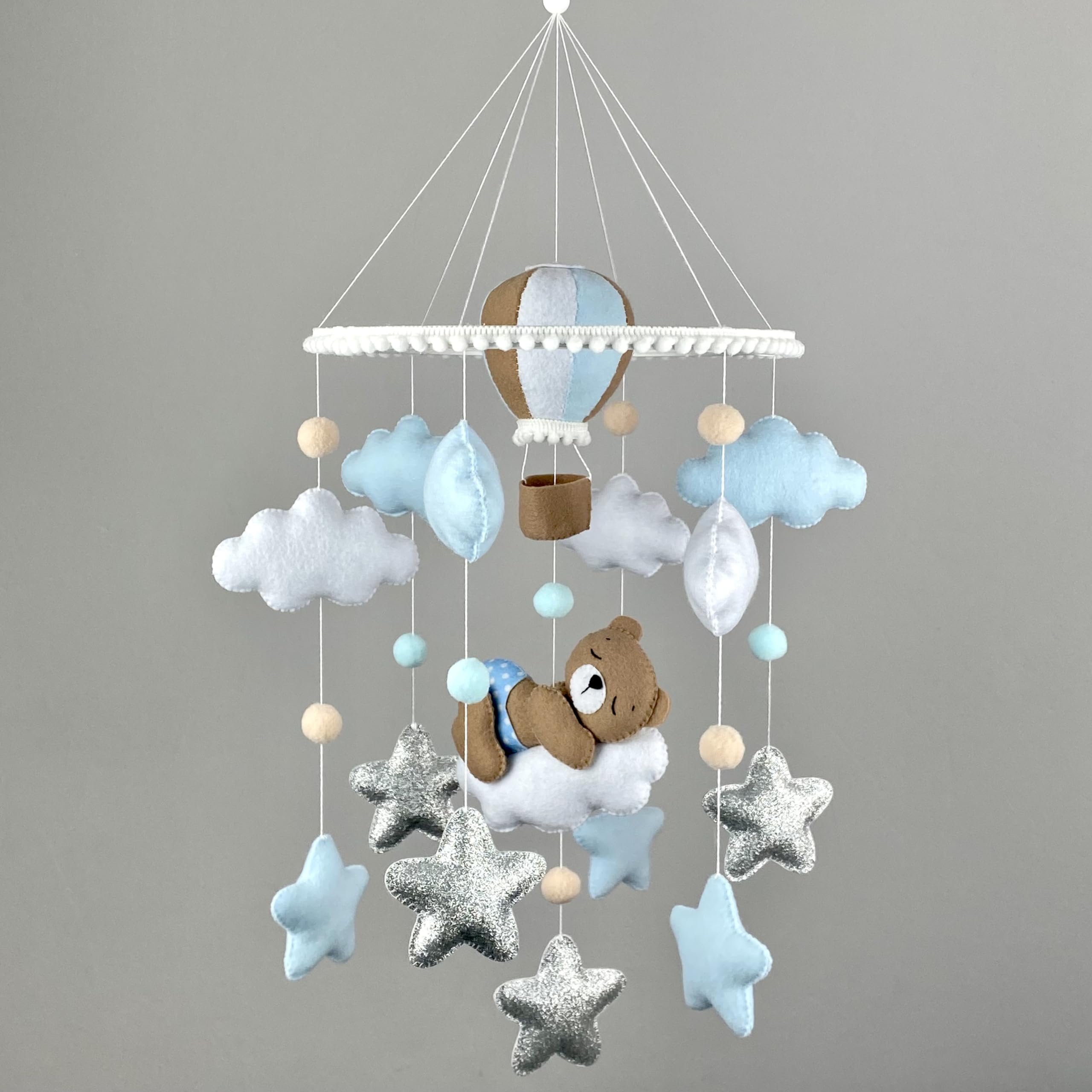 Teddy Bear Crib Mobile for Baby Boys - Blue Hot Air Balloon Nursery Decor, Felt Hanging Mobile for Newborns - Perfect Baby Shower Gift & Nursery Decoration for Expecting Moms
