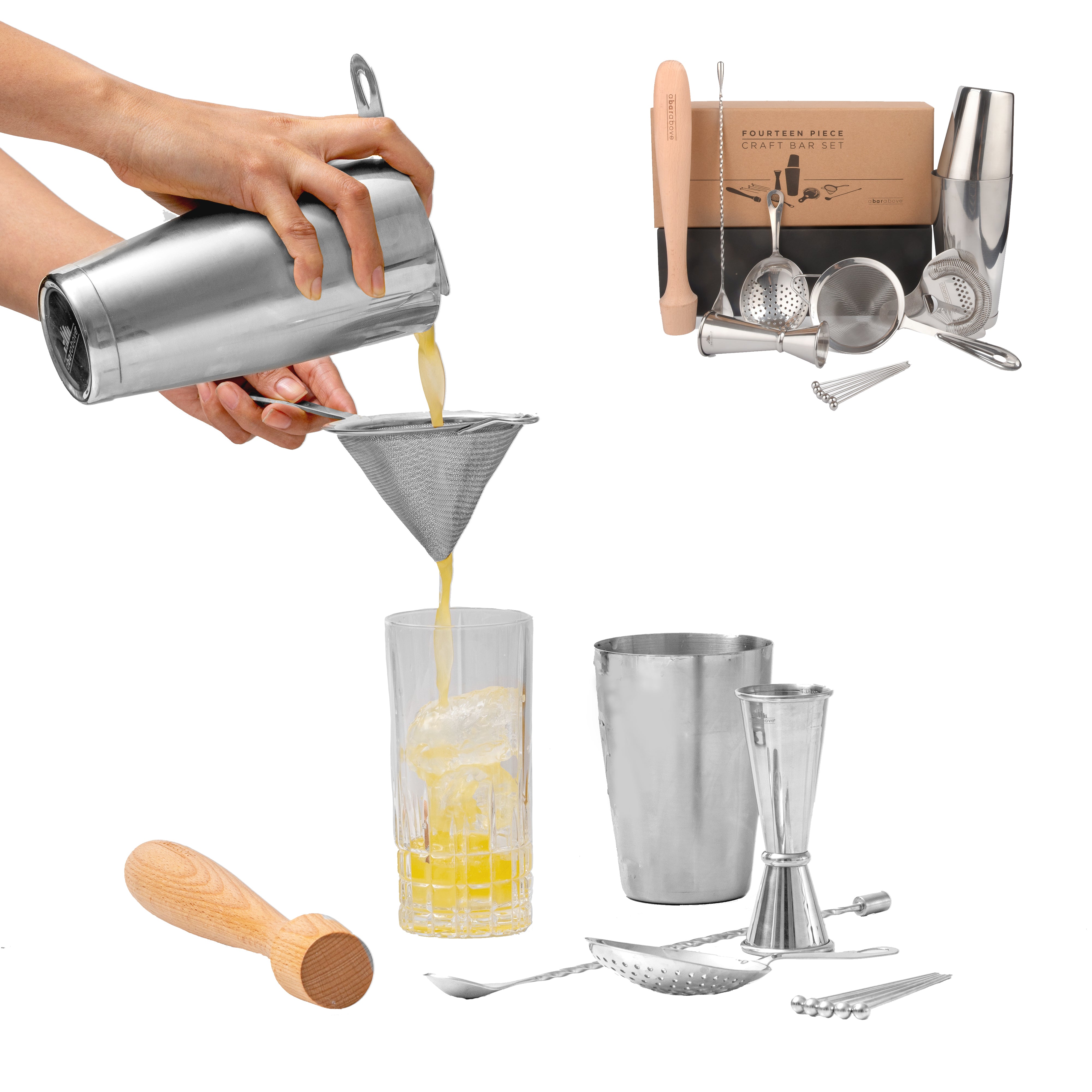 Professional 14-Piece Stainless Steel Mixologist Bar Set - Cocktail Shaker, Jigger, Strainer & Bar Tools for Home Bartending & Party Mixology