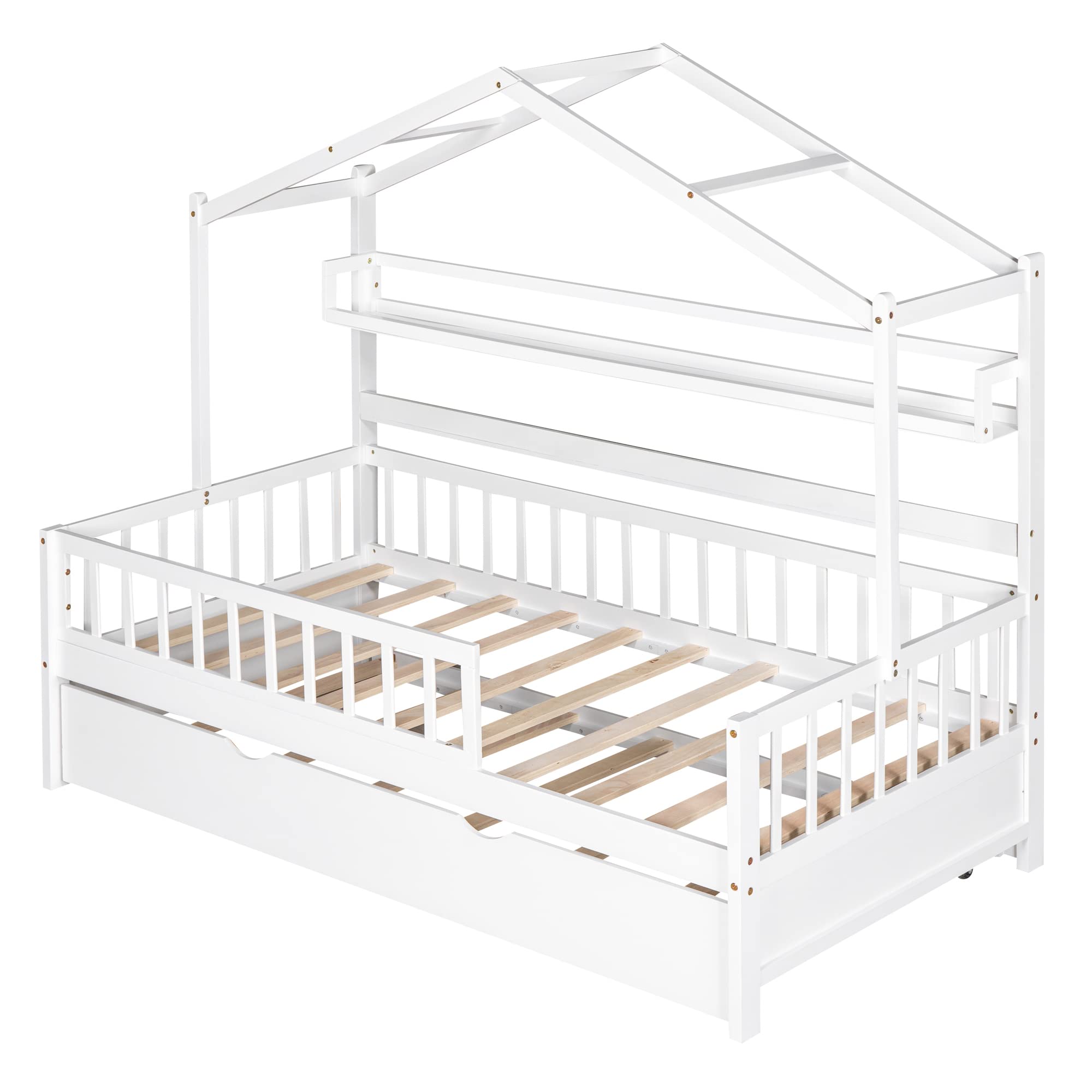 P PURLOVE Twin Size House Bed Frame with Trundle - Montessori Style Kids Bed for Boys & Girls, White - Perfect for Bedrooms, Playrooms & Montessori Learning Spaces