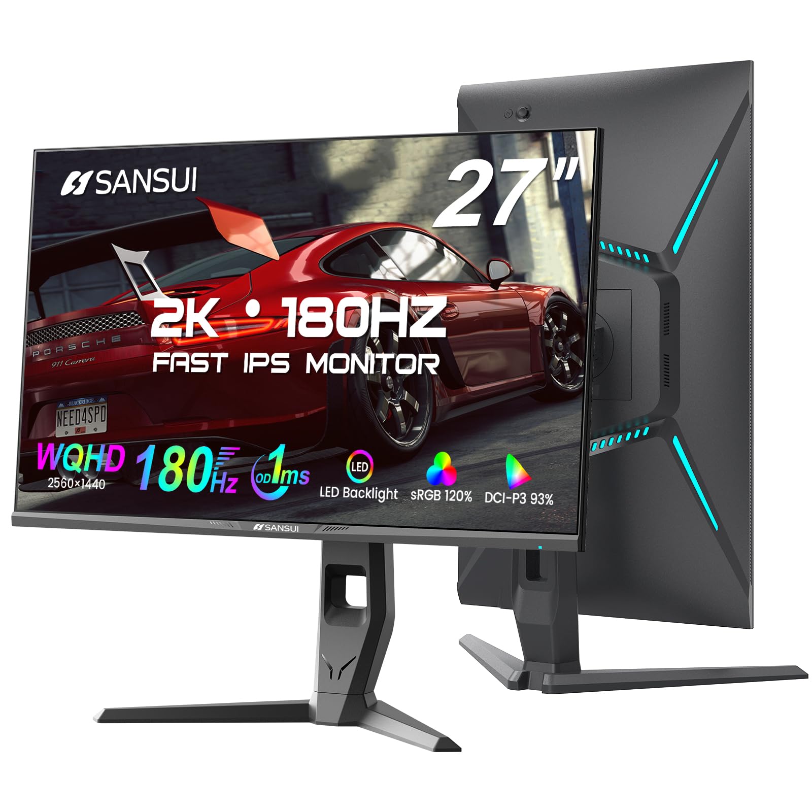 SANSUI 27 Inch WQHD 180Hz Gaming Monitor with AMD FreeSync - 1440P 1ms Fast IPS Display, 93% DCI-P3, Height Adjustable & Rotatable Stand, 2x DisplayPort/HDMI, HDR, Low Motion Blur, Built-in Speakers - Perfect for Competitive Gaming, Graphic Design & Home Office Workstations