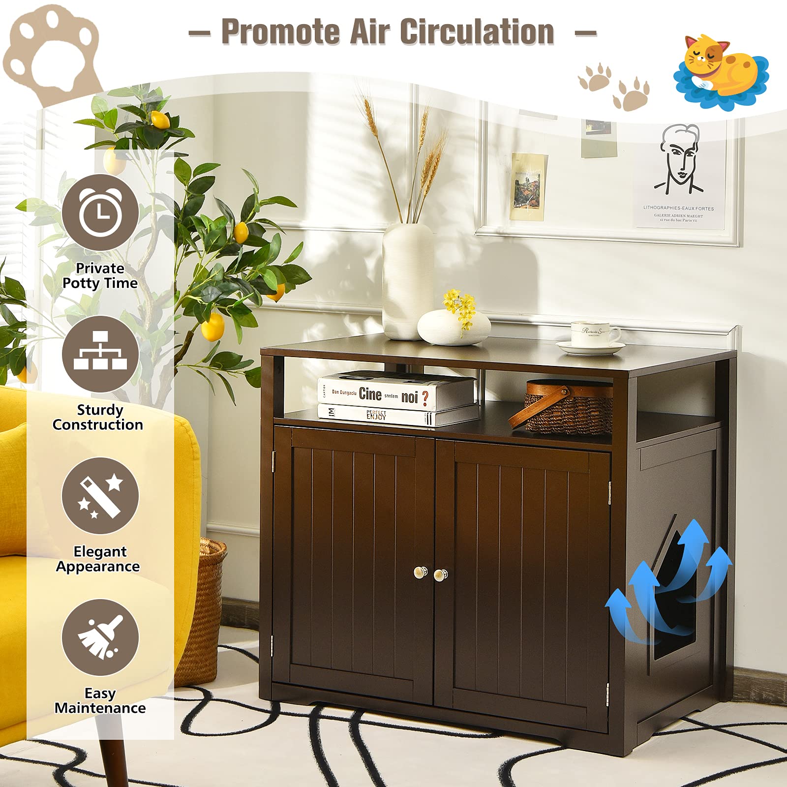 Tangkula Hidden Cat Litter Box Enclosure - Wooden Indoor Cat Washroom Furniture with Adjustable Divider, Decorative Side Table with Doors & Large Tabletop - Perfect for Small Spaces & Home Décor