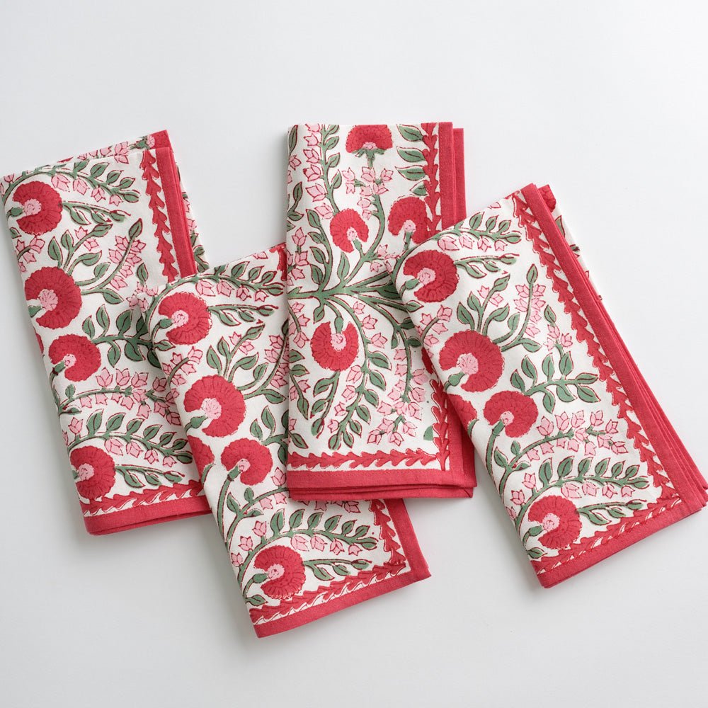 Premium Cactus Flower Scarlet & Rose Napkin Set of 4 - Elegant Floral Printed Cotton Napkins for Dinner Parties, Weddings & Home Decor