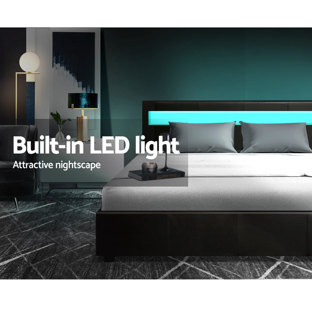 Cole LED Bed Frame with PU Leather Upholstery & Gas Lift Storage - Queen Size, Black - Perfect for Modern Bedrooms & Small Spaces with Hidden Storage