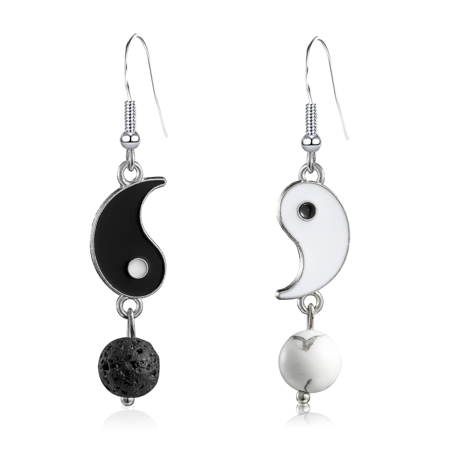 KVANU Black & White Tai Chi Yin Yang Stone Couple Pendant Earrings - Matching Puzzle Jewelry Set for Women & Men | Best Friend Necklace Gift for Valentine's Day, Birthday (Perfect for Couples, BFFs & Spiritual Yoga Lovers)