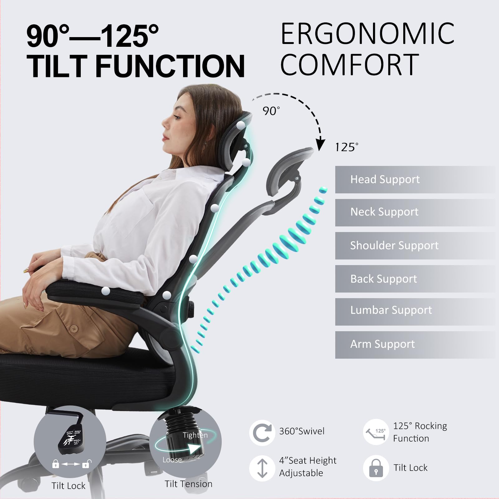 TUKAKA Ergonomic Office Chair with Adjustable Lumbar Support & Headrest - Ultra Thick Cushion, Rocking Function & Flip-Up Arms - Mesh Computer Chair for Home Office (Black) - Perfect for Long Work Hours, Gaming & Remote Work