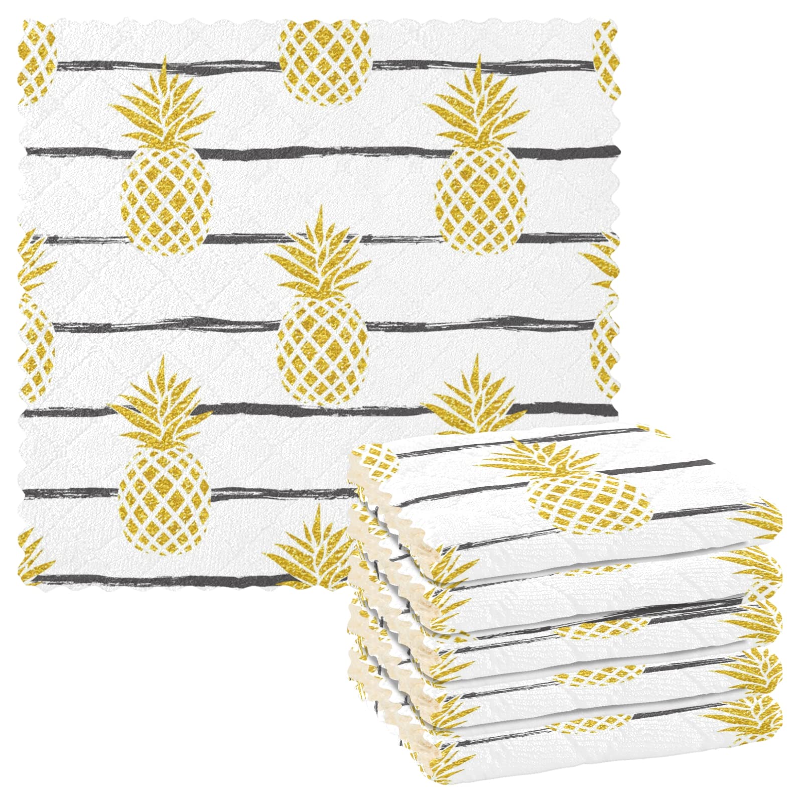ALAZA 6-Pack Summer Pineapple Striped Kitchen Towels - Super Soft, Fast Drying Dish & Tea Towels (11x11 Inches) for Kitchen, Bar, and Home Decor