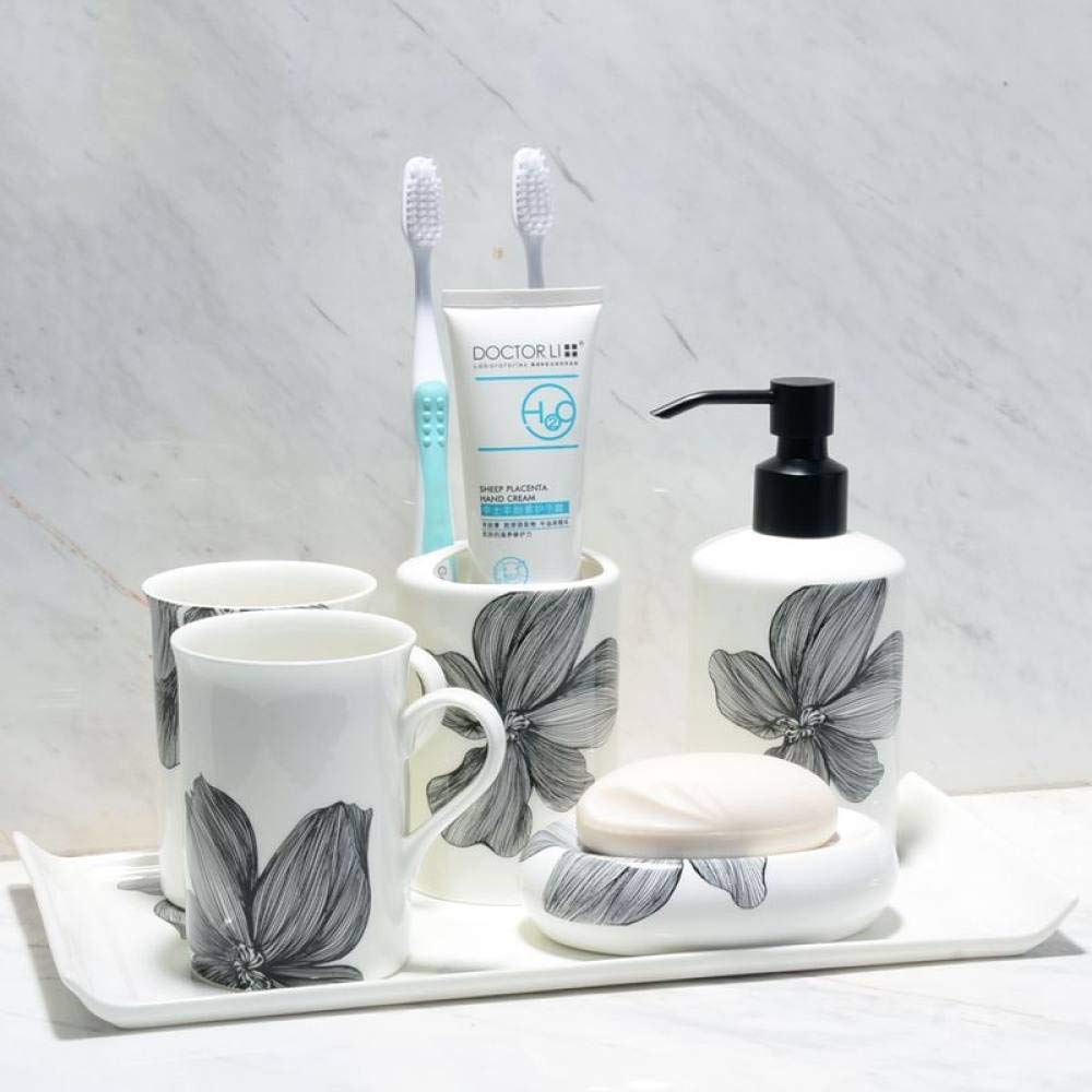 Vintage Ceramic Bathroom Accessories Set - 6 Piece Black Floral Vanity Decor with Soap Dispenser, Toothbrush Holder, Soap Dish & More | Elegant Bathroom Organization for Home, Hotel & Spa Decor