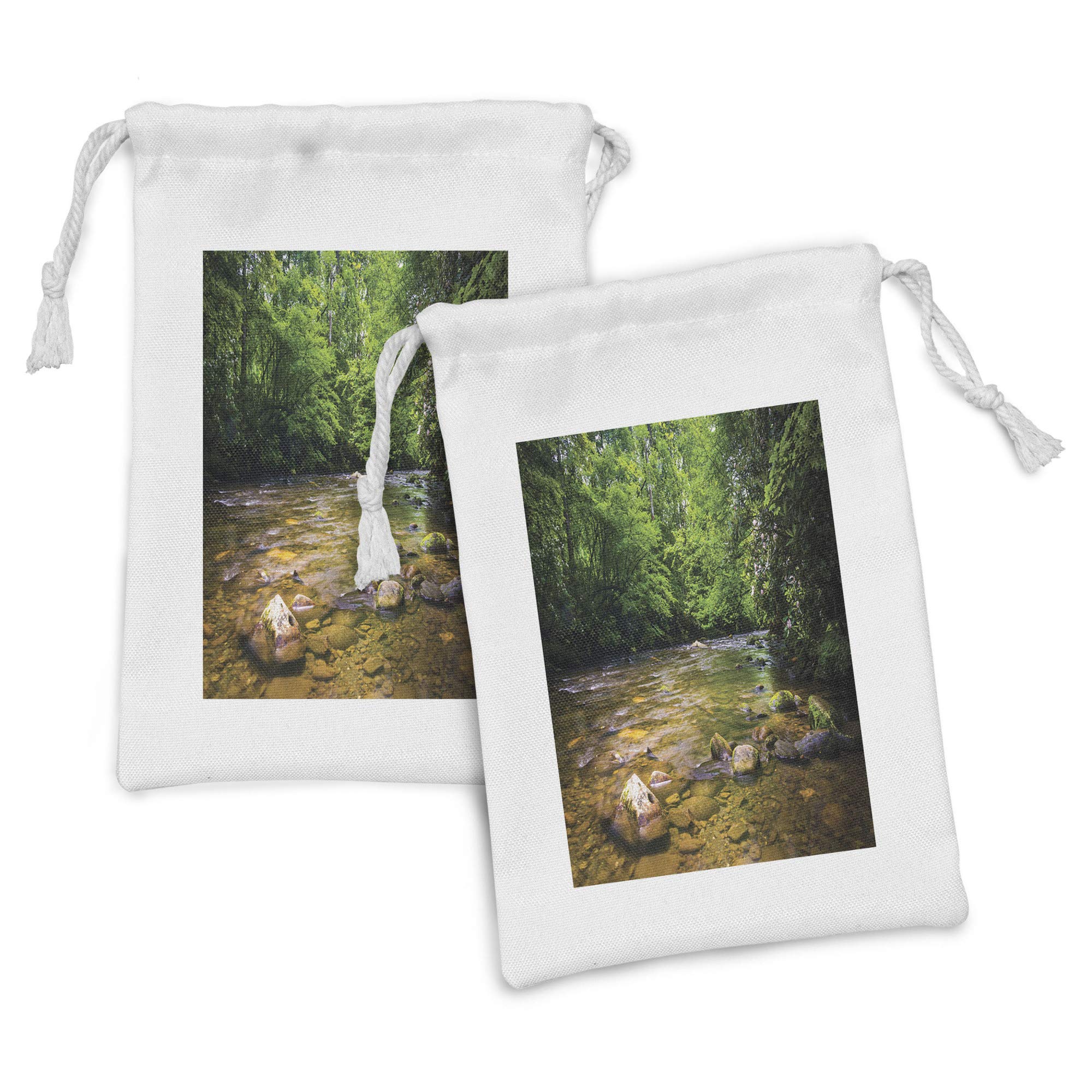 Ambesonne Appalachian Fabric Pouch Set of 2 - Oconaluftee River at Smoky Mountains National Park Design - Small Drawstring Bags for Toiletries, Masks, Jewelry & Travel Essentials - 9