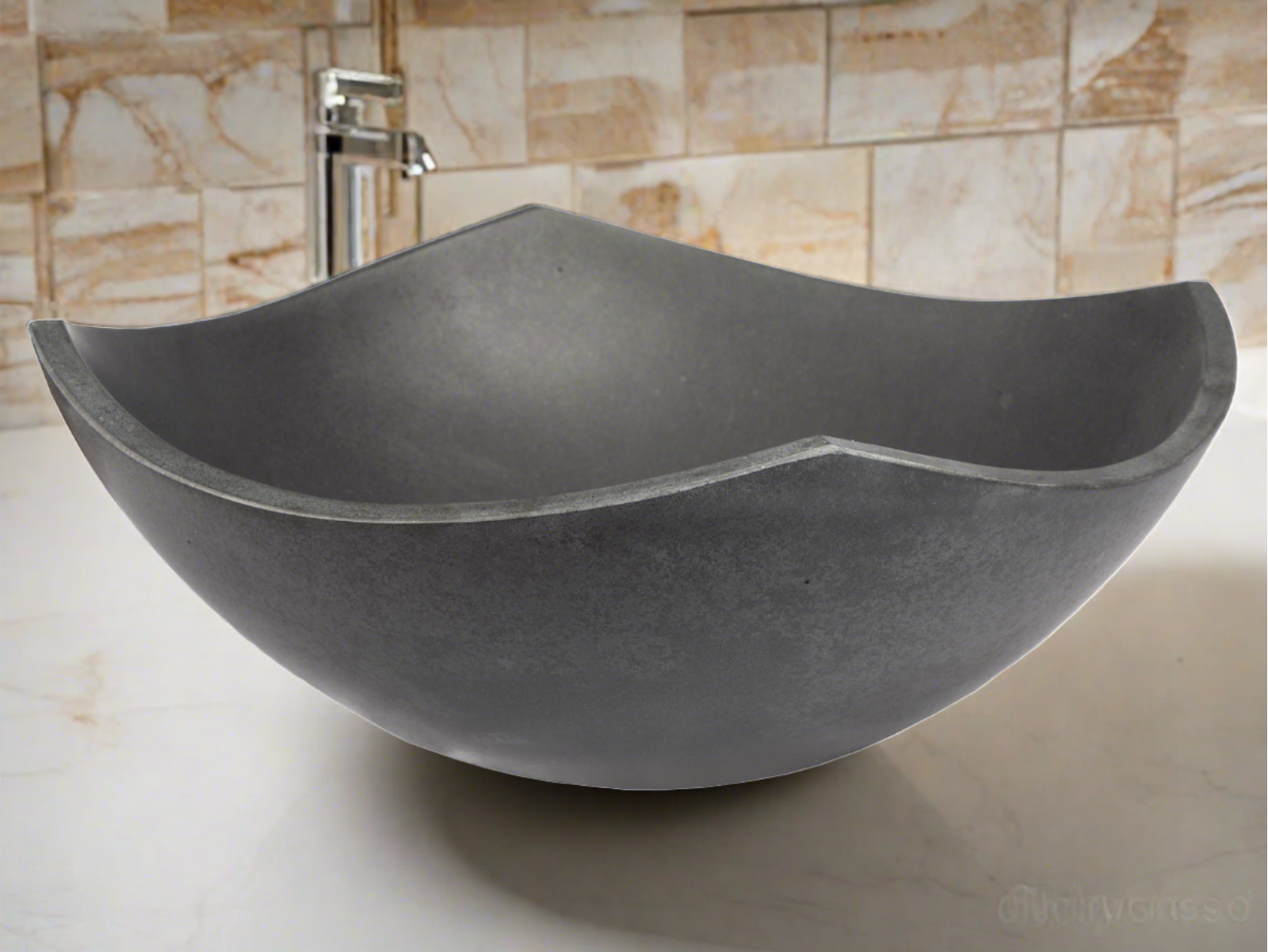 Black Lava Stone Arched Edges Bowl Sink - Modern Bathroom Vanity Vessel Sink for Contemporary Home Decor