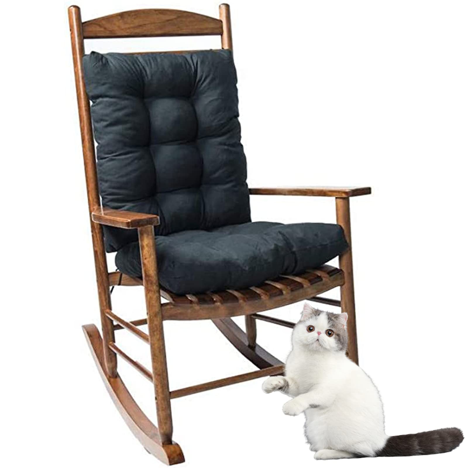 Non-Slip Rocking Chair Cushion Set - Soft Thickened Seat & Back Cushions for Indoor/Outdoor Use - Perfect for Patio, Chaise Lounger, Porch & Garden Furniture - Black Overstuffed Comfort Cushions (Great for Relaxing, Reading & Sunbathing)