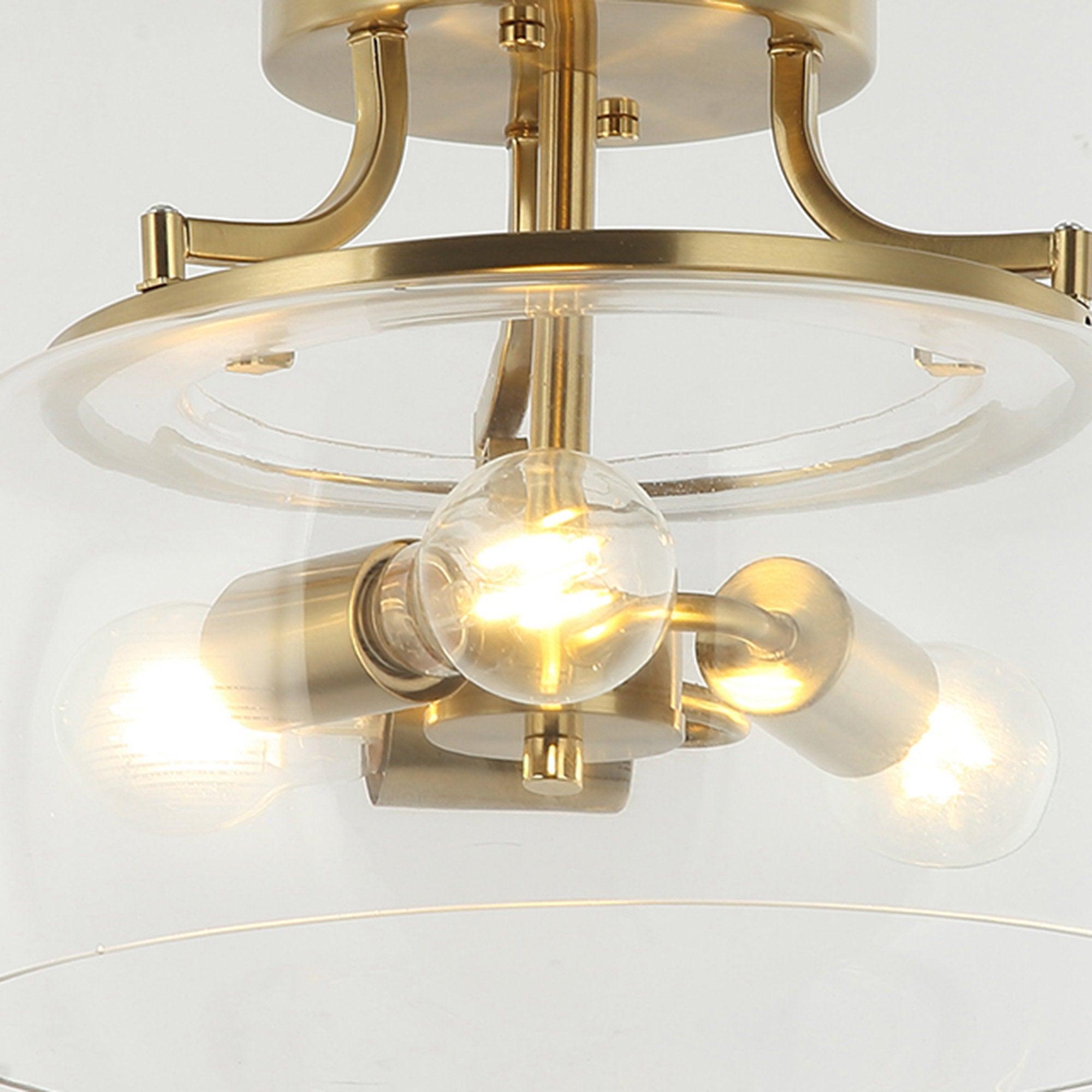 13 Inch 3 Light Brass Gold Semi Flush Mount Ceiling Light Fixture with Clear Glass Shade - Elegant Lighting for Dining Room, Bedroom, or Entryway