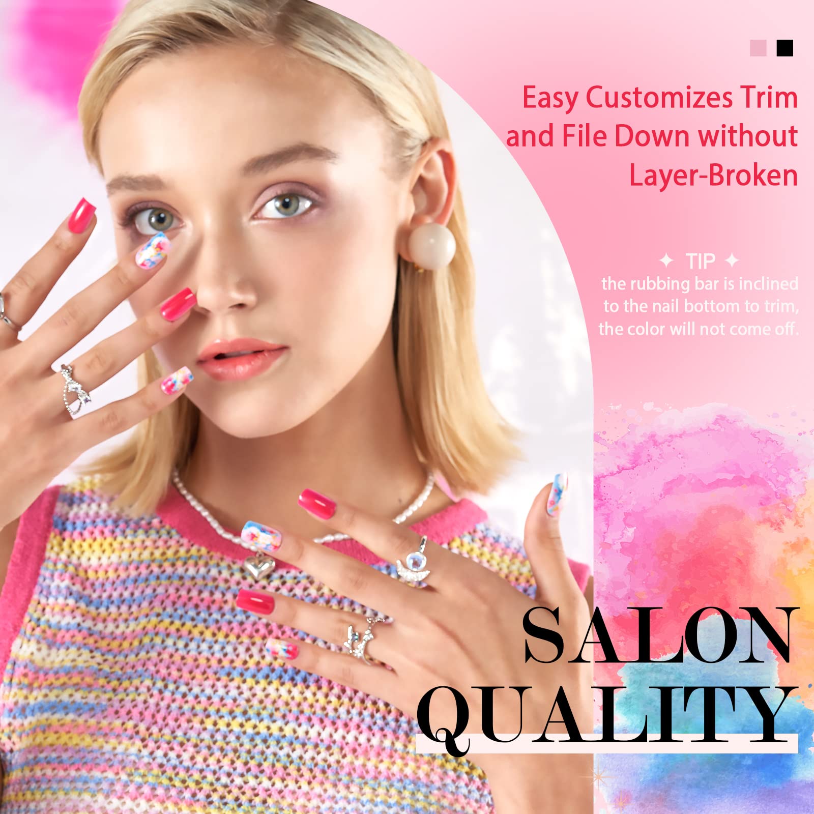Glamermaid Medium Square Press On Nails - 24Pcs Spring Summer Red Watercolor Gel Fake Nails with Glossy UV Finish | Short Coffin Acrylic False Nails for Women | Reusable Manicure Kit for Parties, Weddings & Everyday Wear