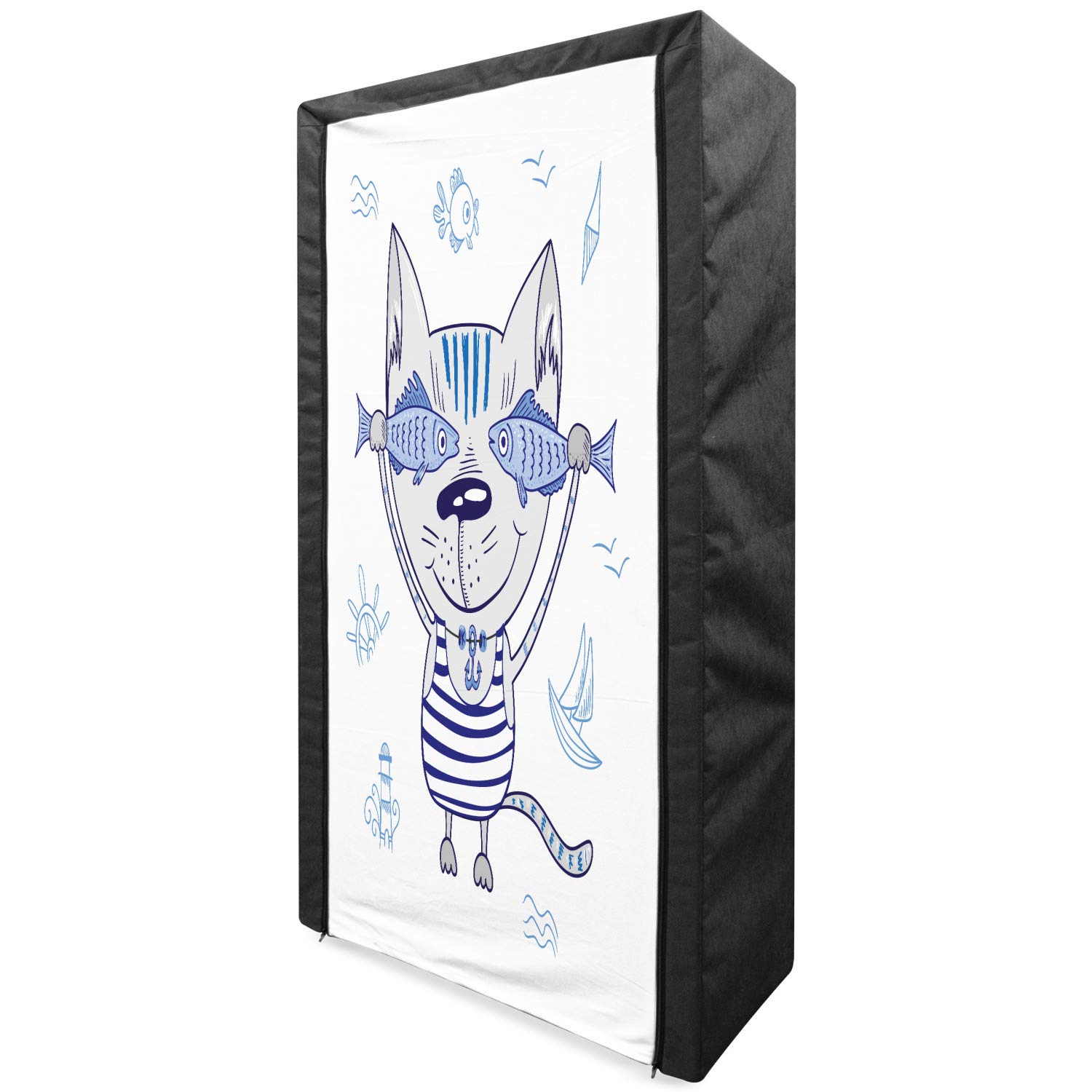 Ambesonne Portable Fabric Wardrobe with Shelves - Nautical Fish & Cat Design, Blue Grey, 33.5