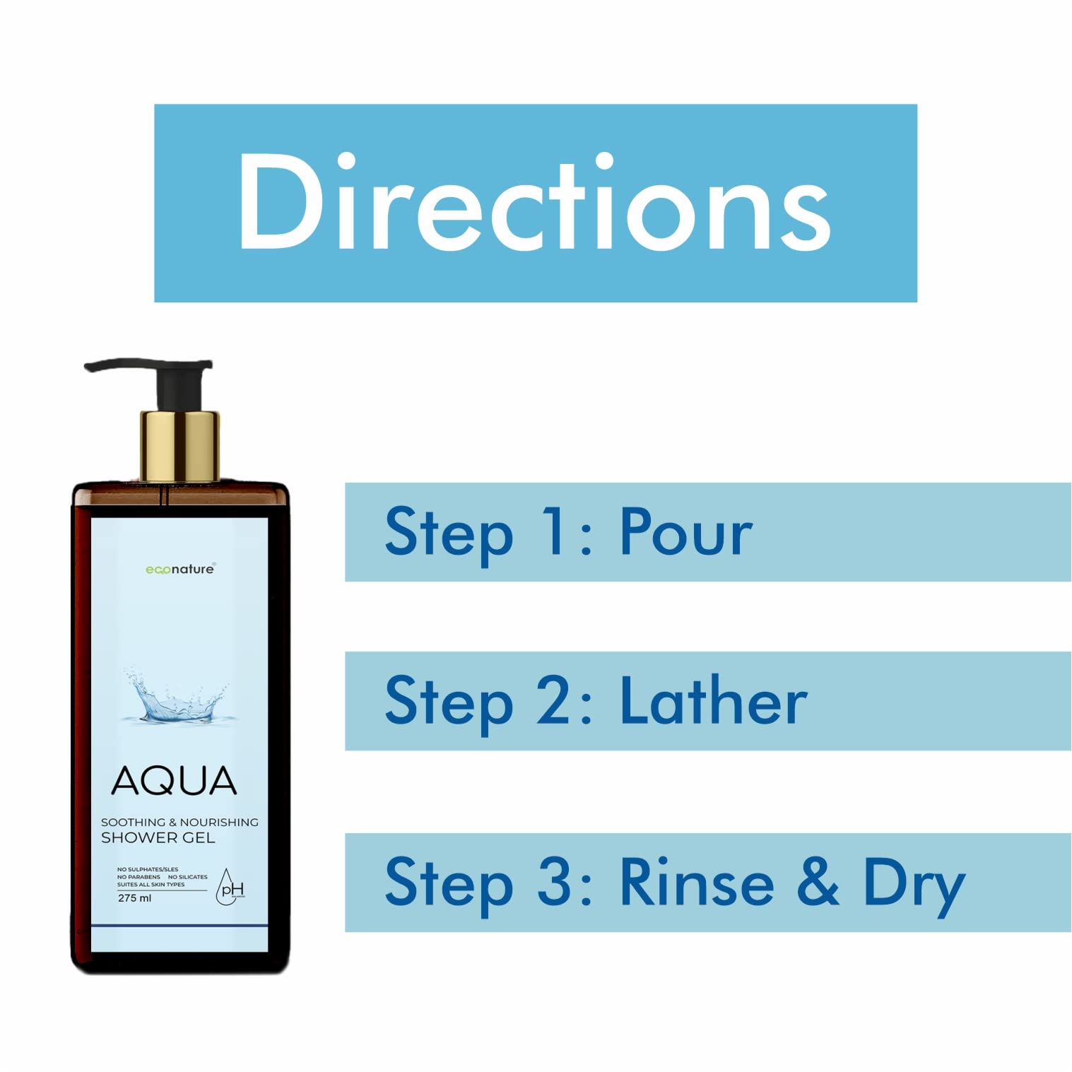 ECONATURE Aqua Body Wash & Shower Gel - Hydrating Liquid Soap for Dry Skin | Moisturizing Body Cleanser with Natural Ingredients (9.3oz/275ml) | Perfect for Daily Shower, Spa Day & Post-Workout Refreshment
