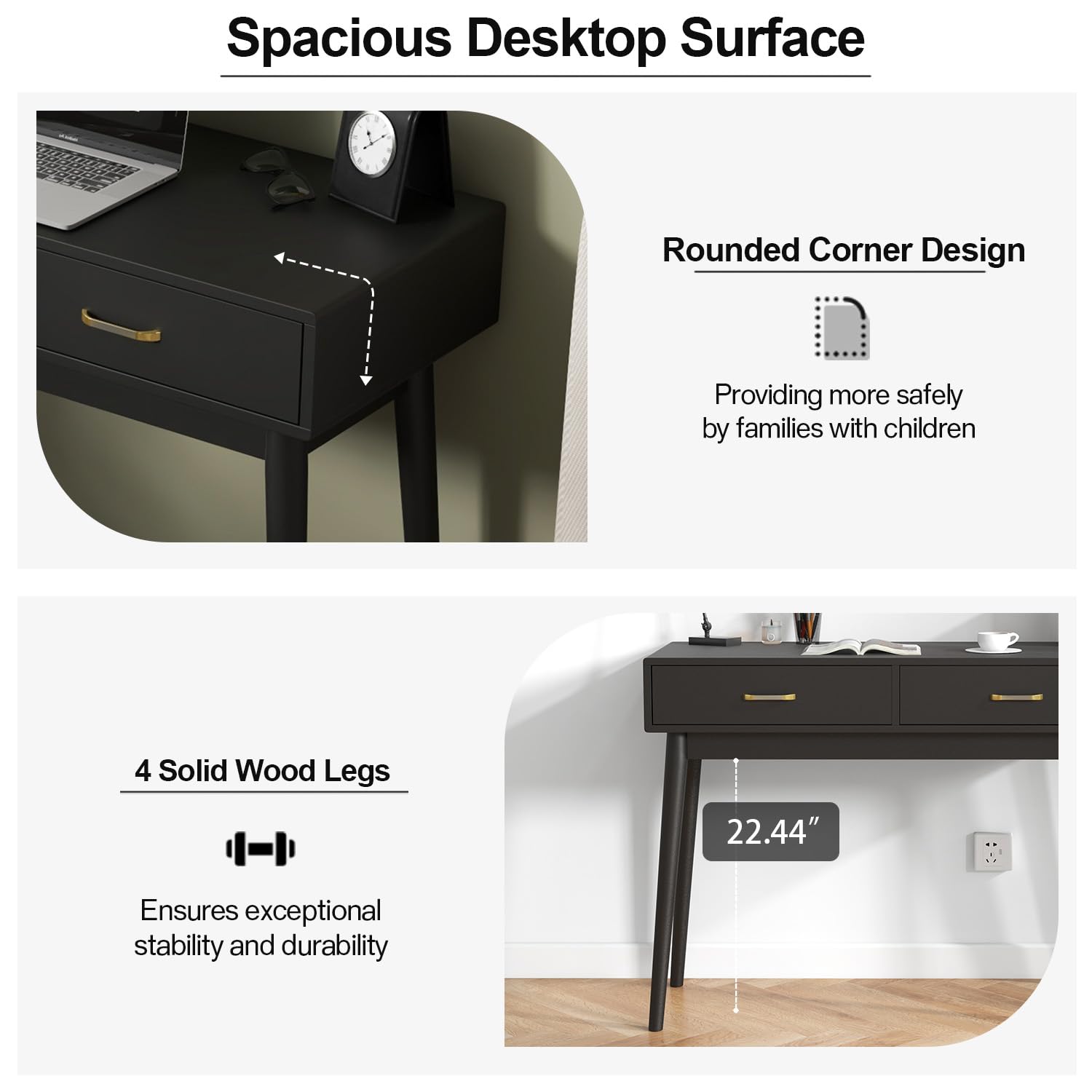 40 Inch Small Desk with Drawers - Modern Home Office Study Writing Desk for Bedroom, Black Computer Desk with 4 Solid Legs, Space-Saving Vanity Desk for Small Spaces | Perfect for Home Office, Dorm Room & Apartment Workspace
