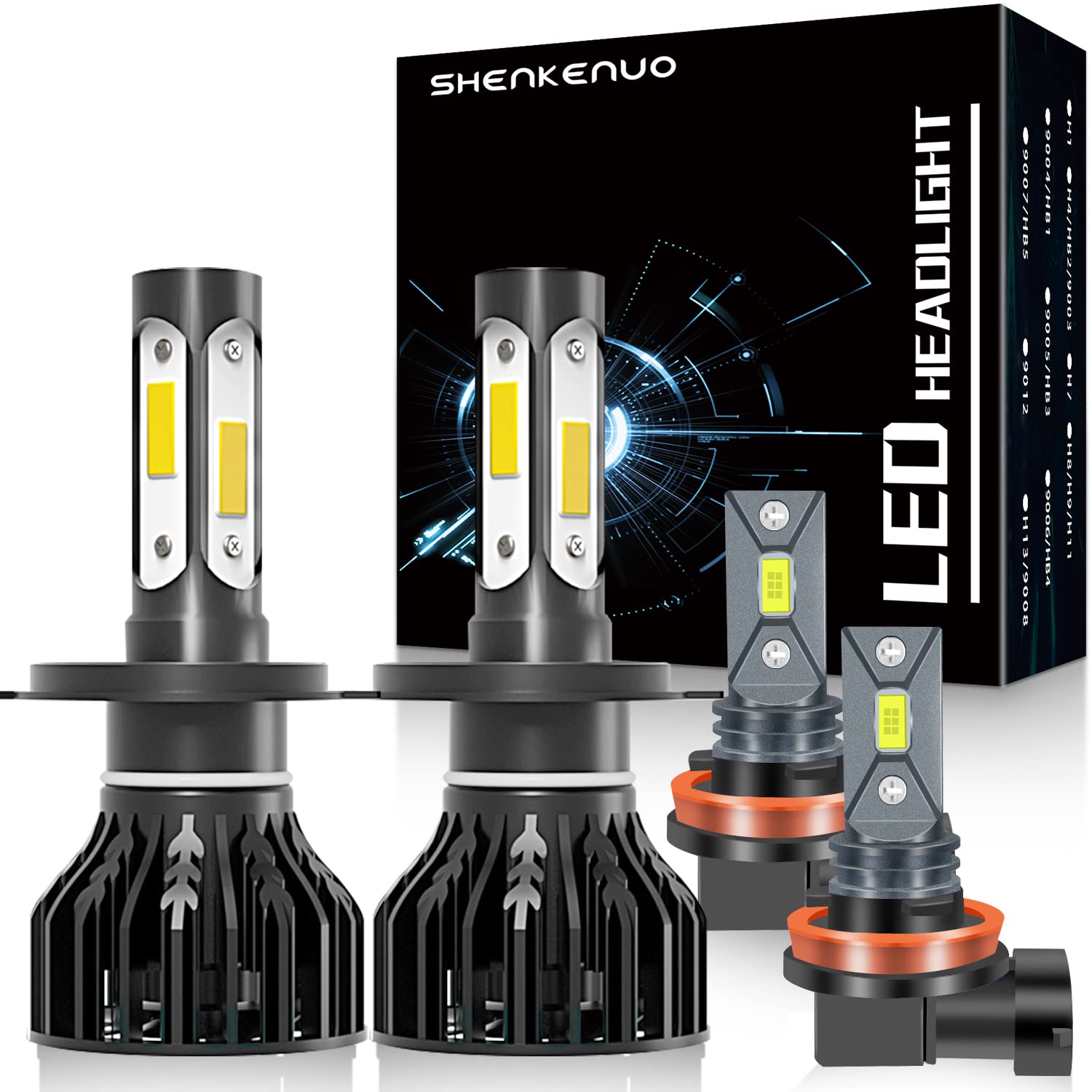SHENKENUO 9003/H4 LED Headlight Bulbs & H16/H11 LED Fog Light Bulbs for TOYOTA TUNDRA (2014-2020) - High/Low Beam Conversion Kit (Pack of 4) - Upgrade Your Night Driving Safety with Brighter Lights